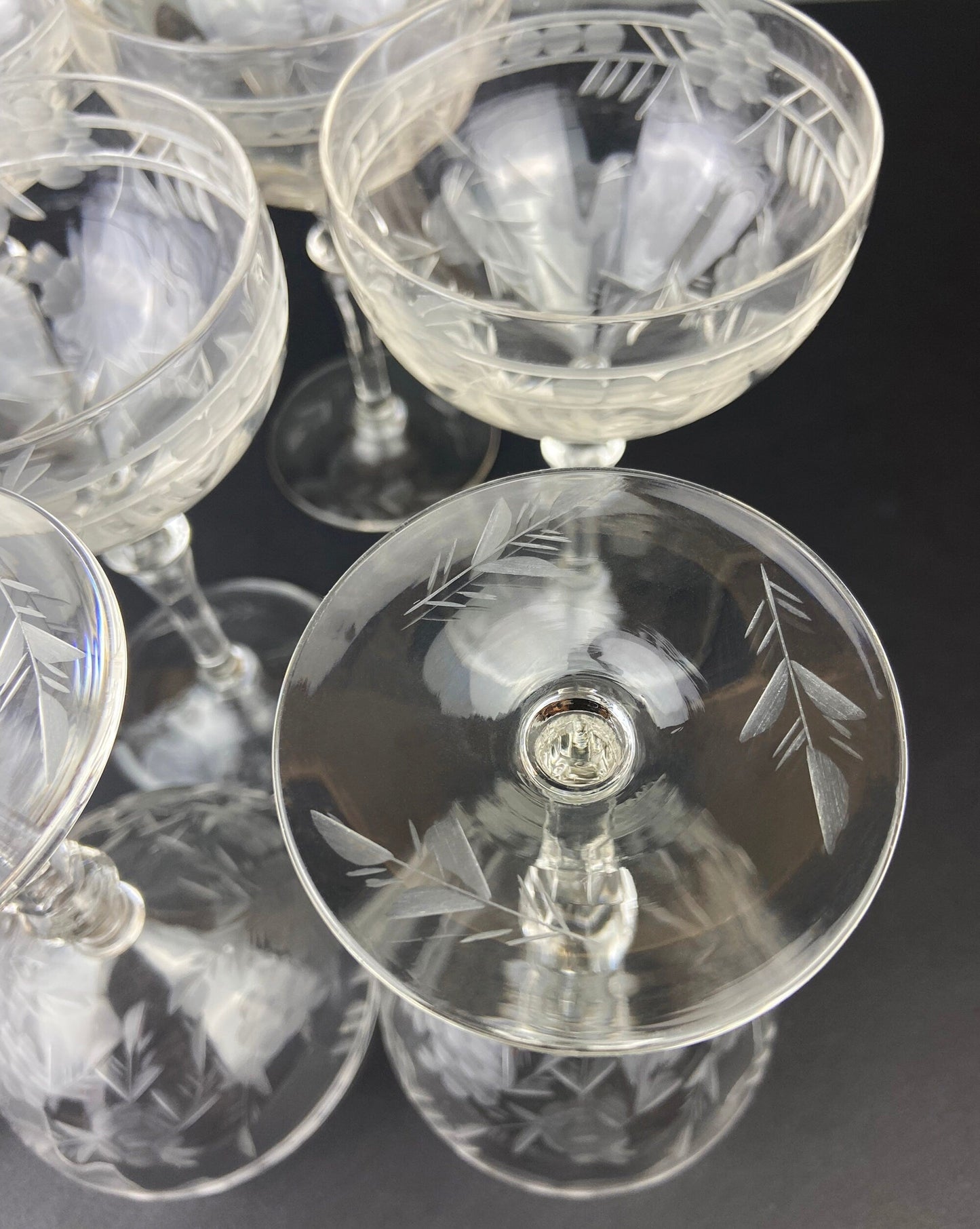 Vintage Cut Crystal Champagne Glasses.   Set of 9 Vintage Glasses with Daisy Motif.  Fine Stemware.