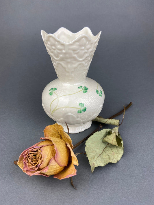 Antique Belleek Vase, Ireland. Cream Colored Porcelain Flower Vase with Schamrock Motif.  Vase with Scalloped Rim.  Gift for Her.