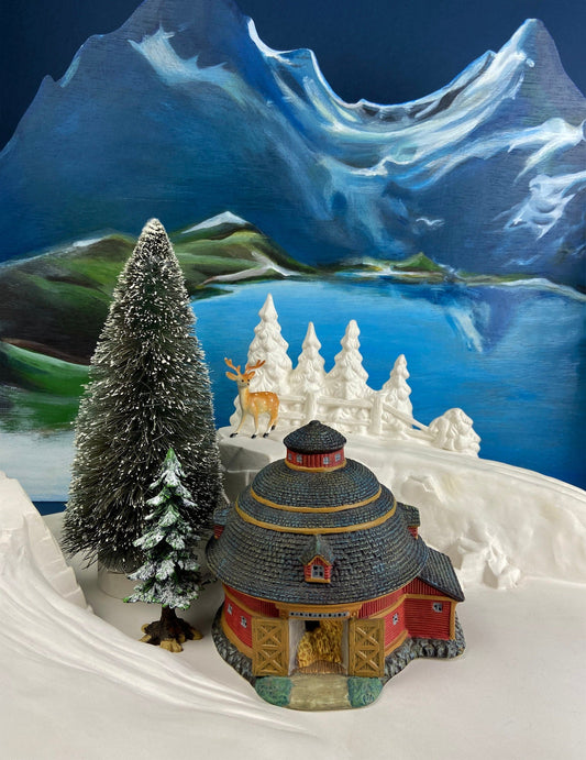 Village Accessories by Lang and Wise.  Red Round Barn. Town Hall Collectibles. Artwork of Linda Nelson Stock.