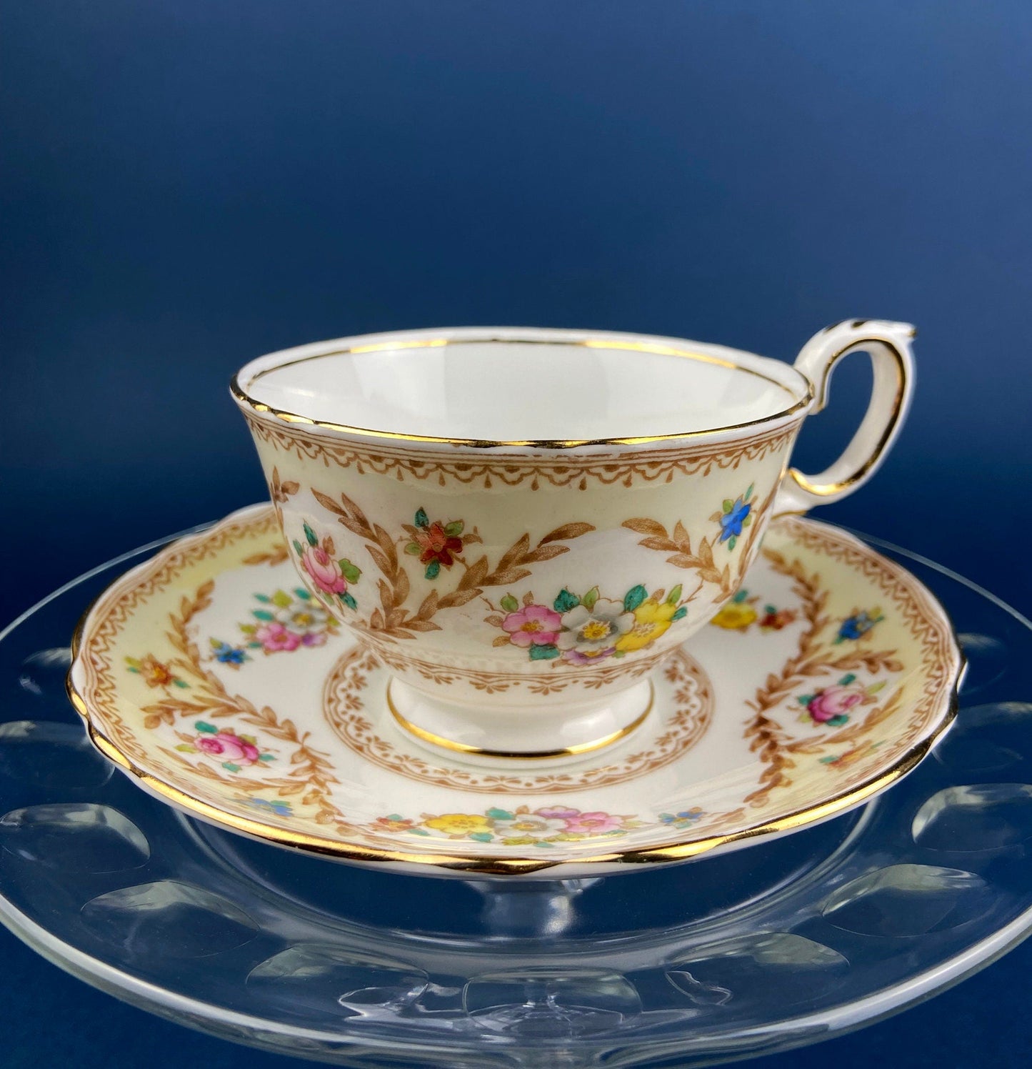 Vintage Grosvenor Fine Bone China Teacup and Saucer - Mint Green Floral