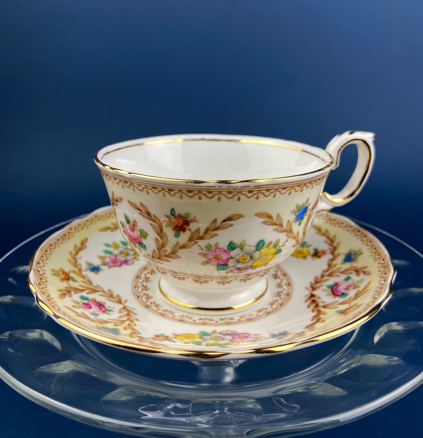 Vintage Tea Cup and Saucer. Hand Painted Summer Landscape Motif or Pastoral Scene. Colclough Fine Bone China. Made in Longton, England.