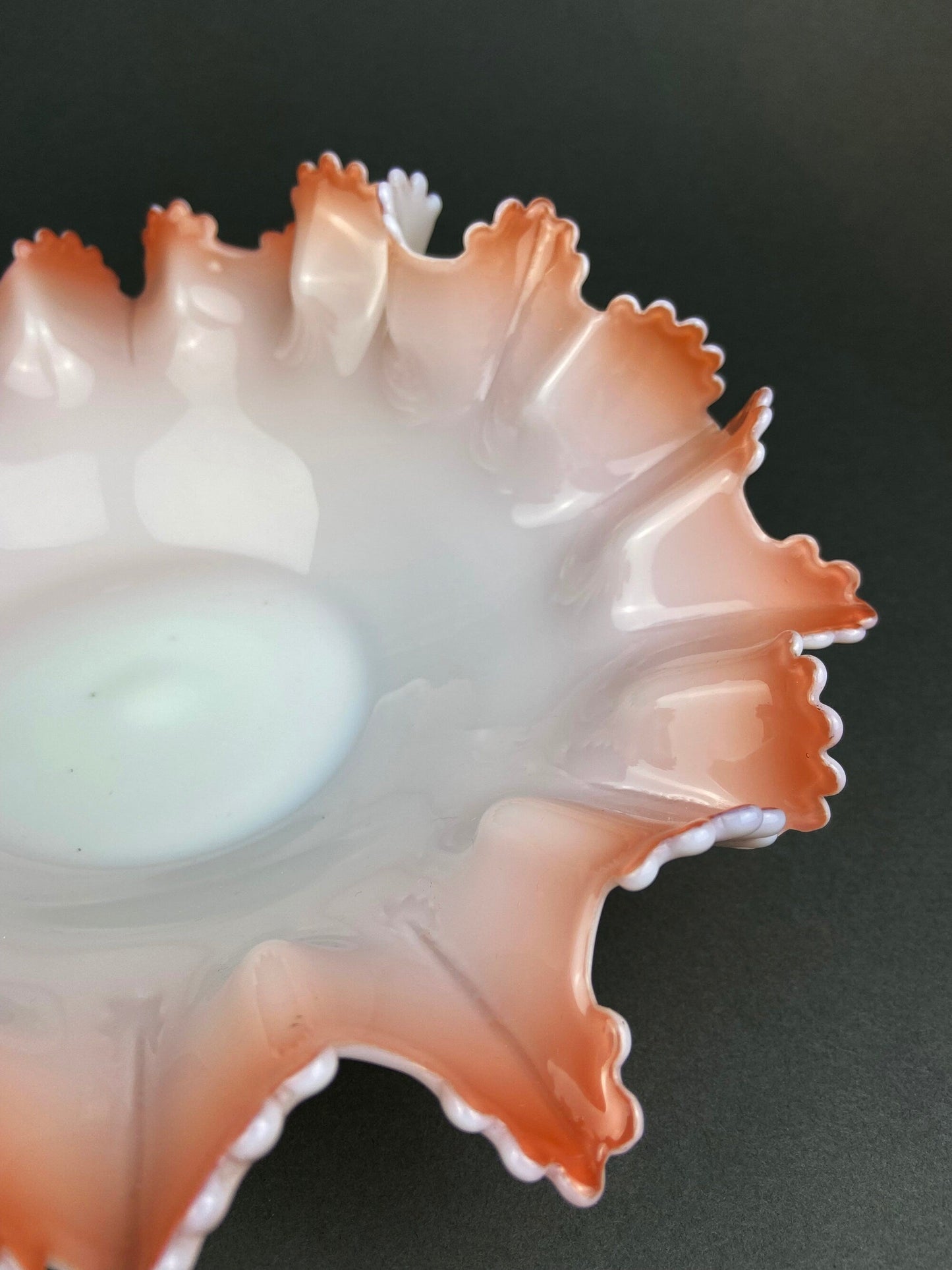 Vintage Heirloom Opalescent Glass Bowl. White and Peachy Pink Serving Dish. Collectible Tableware with Ruffled and Scalloped Edges.