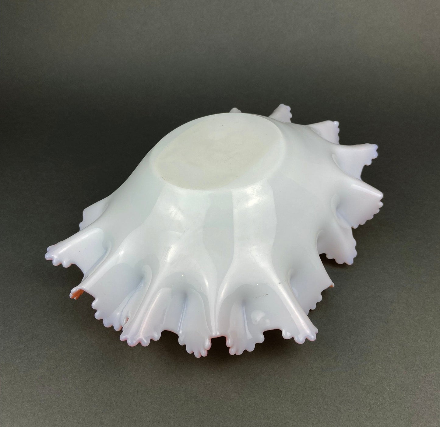 Vintage Heirloom Opalescent Glass Bowl. White and Peachy Pink Serving Dish. Collectible Tableware with Ruffled and Scalloped Edges.