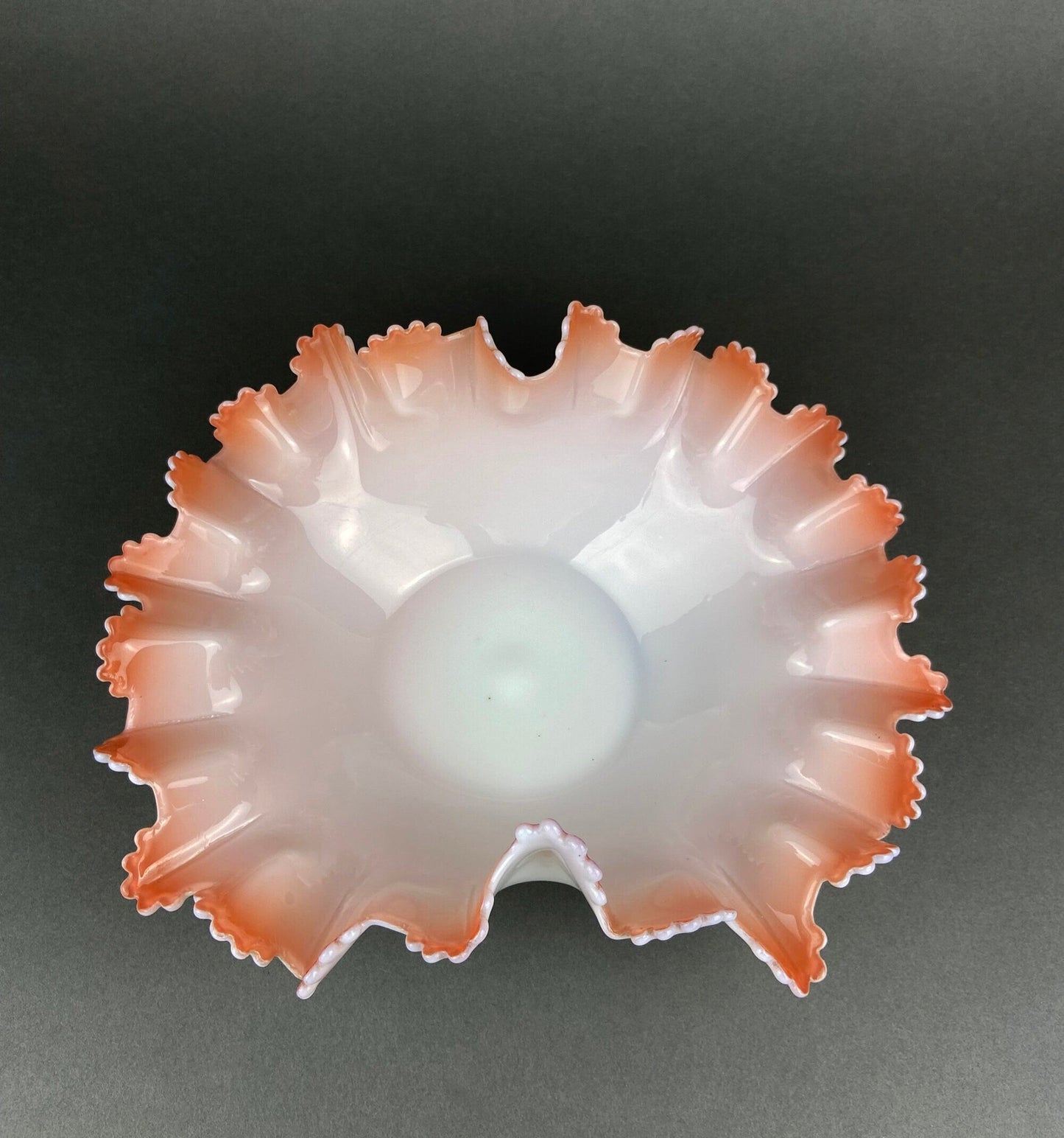 Vintage Heirloom Opalescent Glass Bowl. White and Peachy Pink Serving Dish. Collectible Tableware with Ruffled and Scalloped Edges.