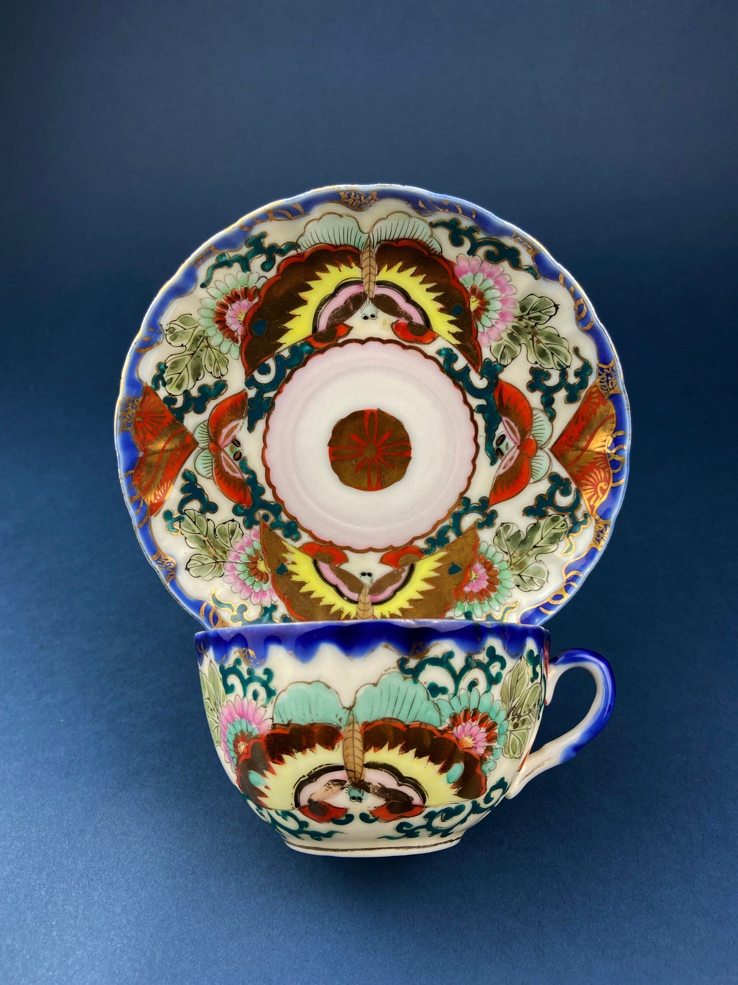 Antique Hand Painted Tea Cup. Asian Motif.  June Moth Pettern. Very Thin Porcelain. Collectible.