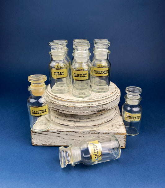 Vintage Glass Spice/Apothecary Bottles with Glass Stoppers.  Collectible Bottles For Home, Cafe or Store Display. Set of Ten Bottles.