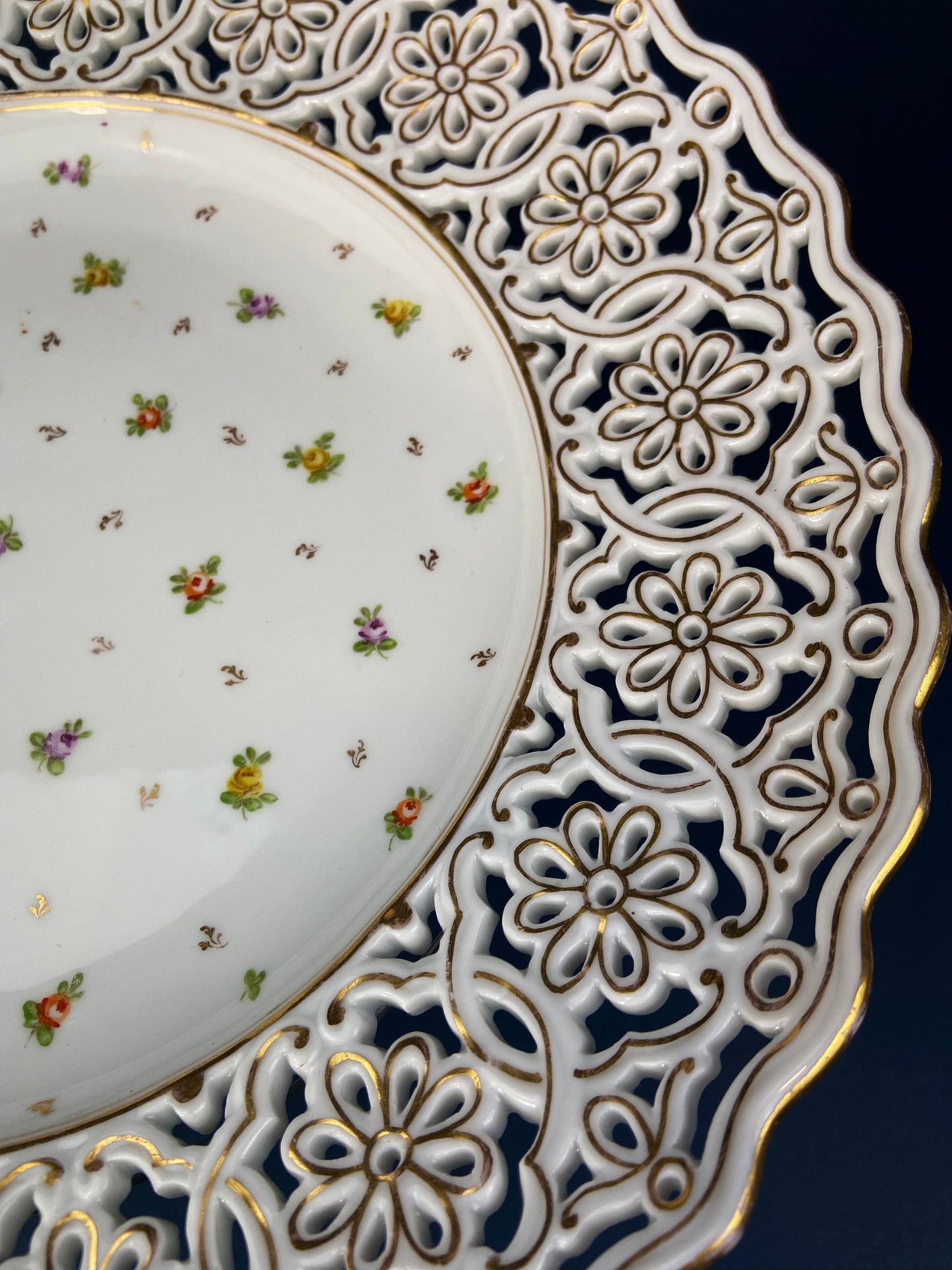 Antique Meissen Plate: Reticulated Hand-Painted Tea Rose Serving Platter