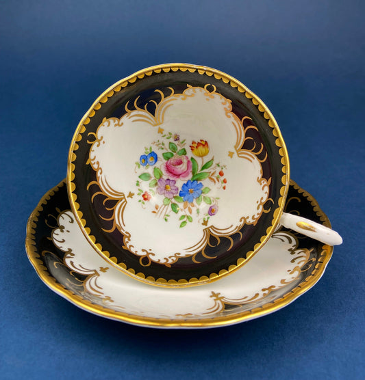 Vintage Tuscan Teacup and Saucer: Black, White, Gold Floral Bone China