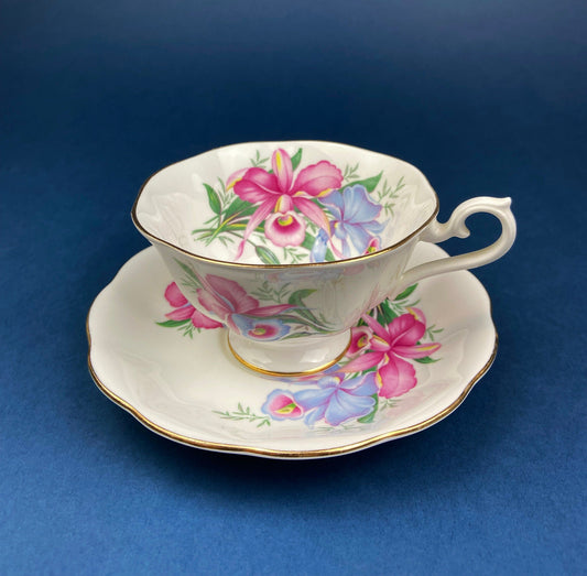Vintage Tea/Coffee Cup and Saucer.  Royal Albert Orchid Motif. Fine Bone China. Made in England. Collectibles.  Replacements.