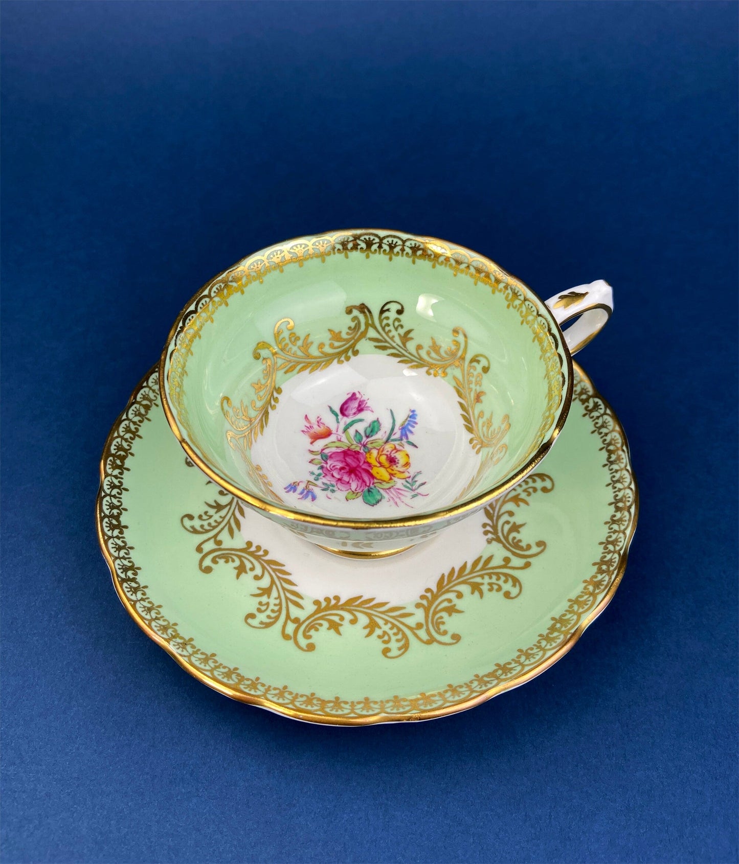 Vintage Tea Cup and Saucer. Hand Painted Summer Landscape Motif or Pastoral Scene. Colclough Fine Bone China. Made in Longton, England.