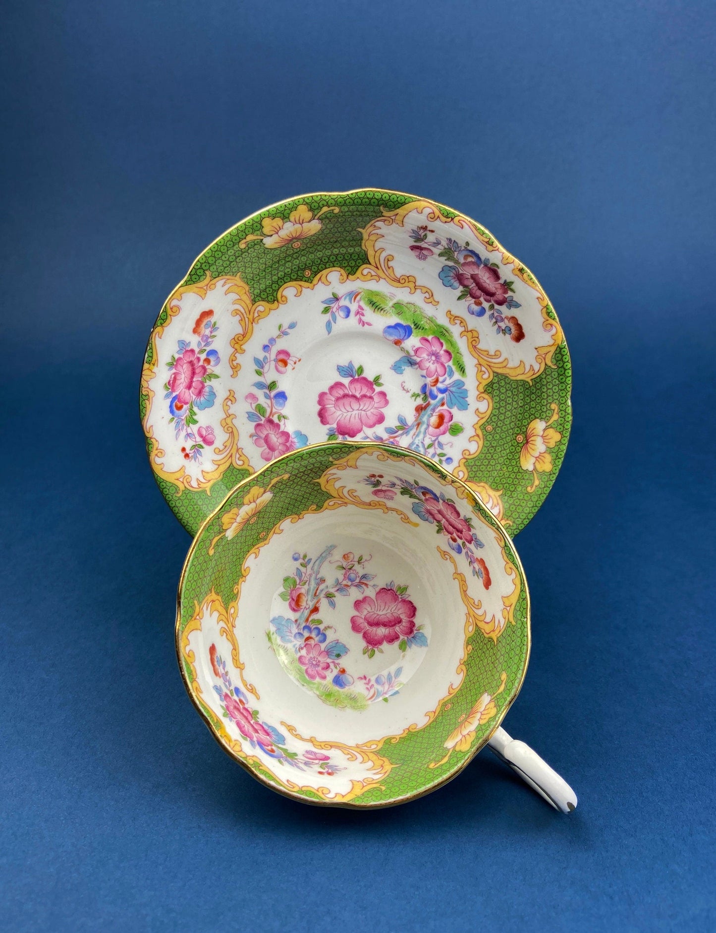 Vintage Grosvenor Fine Bone China Teacup and Saucer - Mint Green Floral