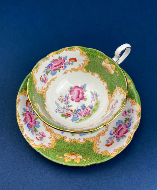 Vintage Beautiful Green and Pink Tea/Coffee Cup & Saucer. A.B.J. Grafton Fine Bone China. Asian Inspired Motifs. Dining Room Decor.
