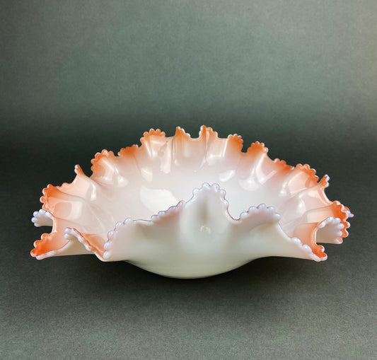 Vintage Heirloom Opalescent Glass Bowl. White and Peachy Pink Serving Dish. Collectible Tableware with Ruffled and Scalloped Edges.