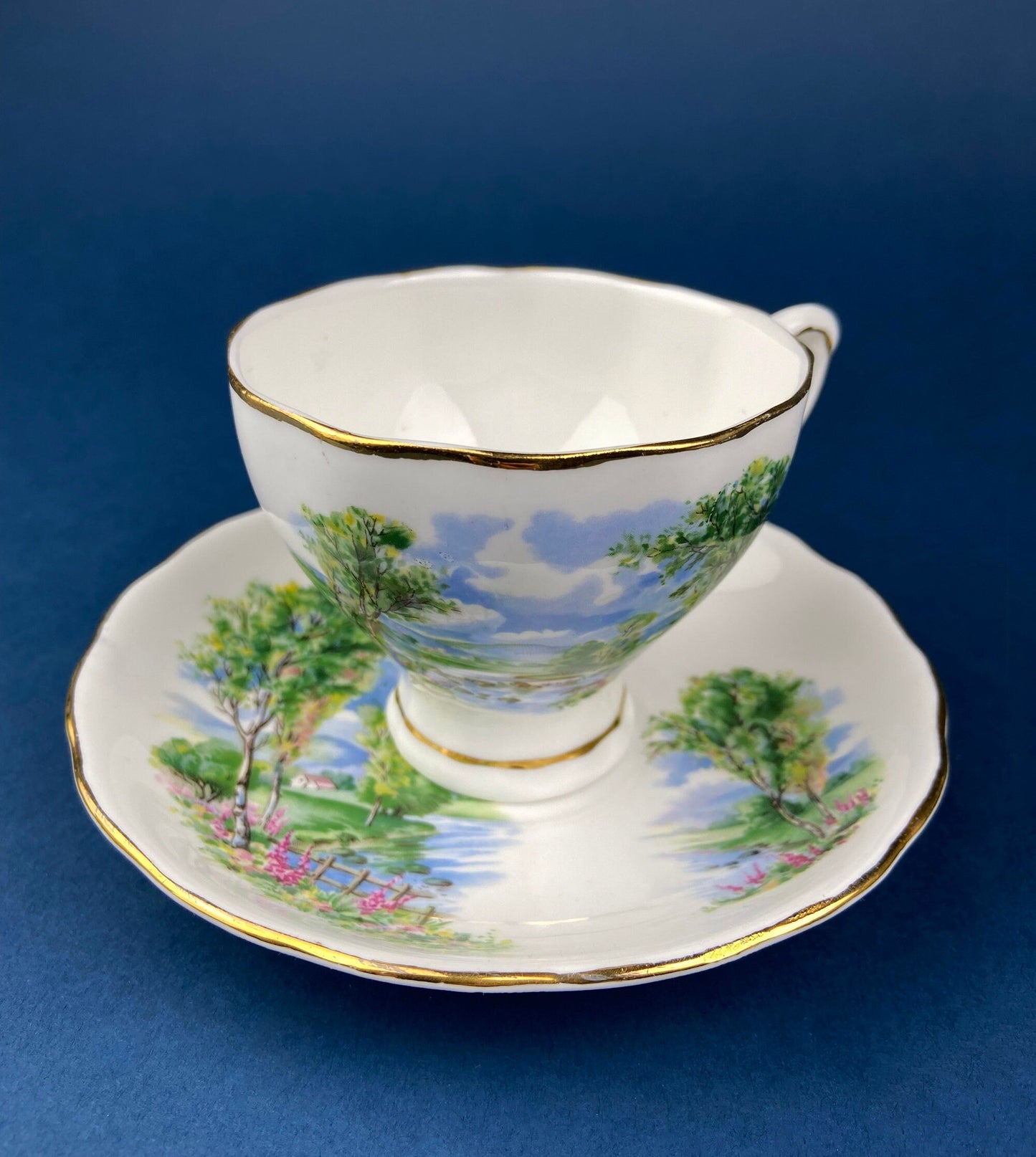 Vintage Tea Cup and Saucer. Hand Painted Summer Landscape Motif or Pastoral Scene. Colclough Fine Bone China. Made in Longton, England.