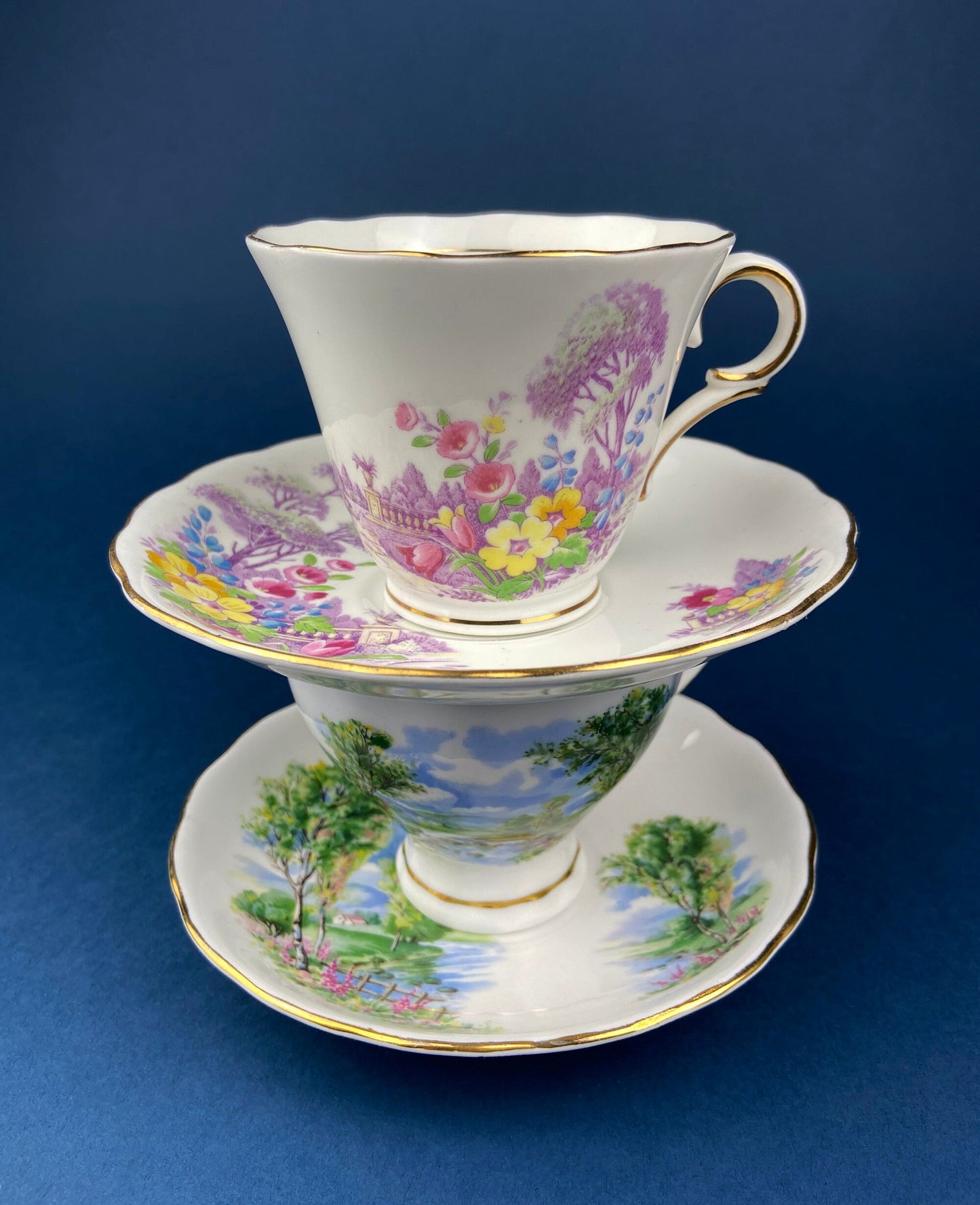 Vintage Tea Cup and Saucer. Hand Painted Summer Landscape Motif or Pastoral Scene. Colclough Fine Bone China. Made in Longton, England.