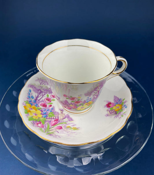 Vintage Tea Cup and Saucer. Hand Painted Summer Landscape Motif or Pastoral Scene. Colclough Fine Bone China. Made in Longton, England.