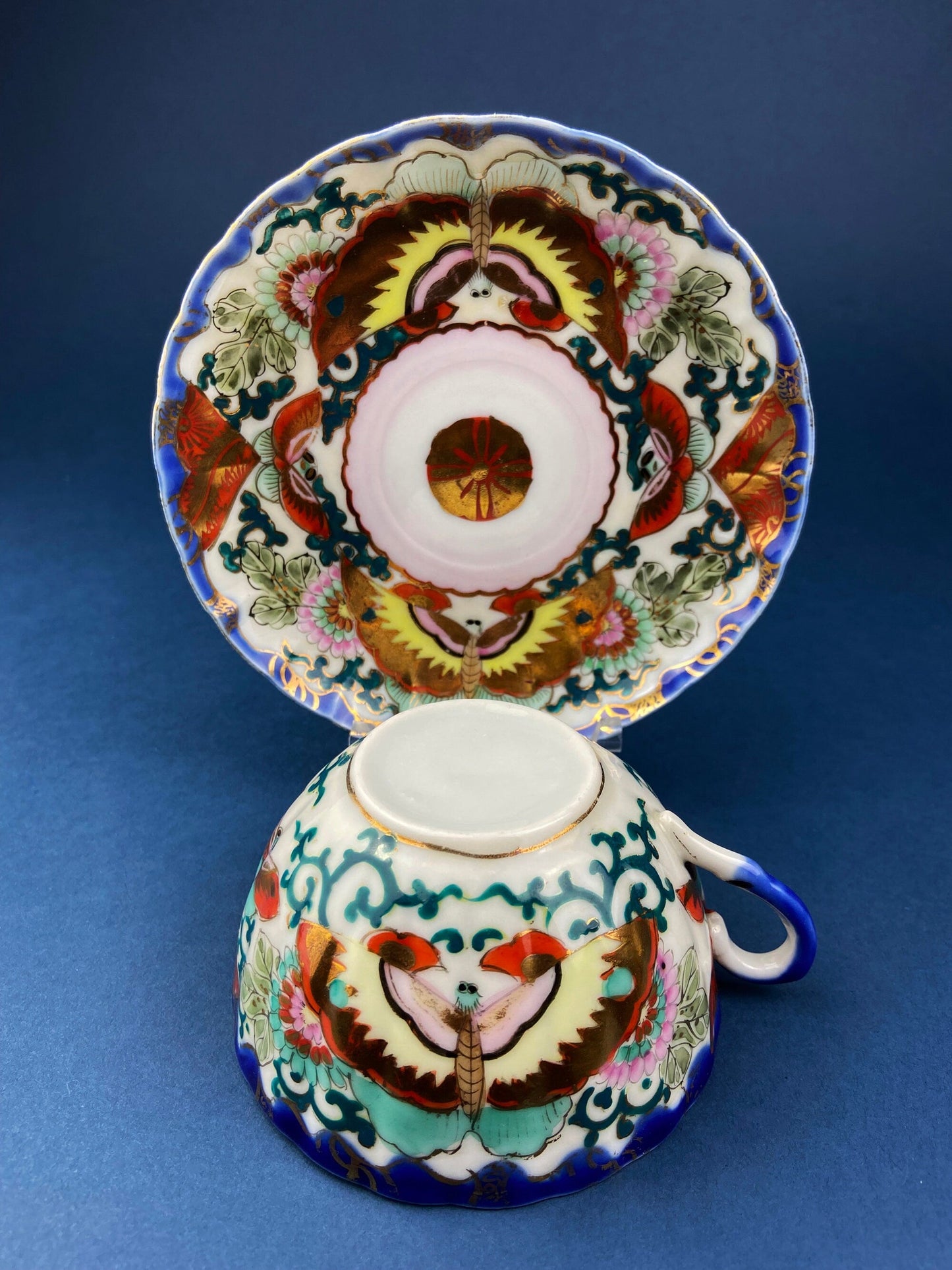 Antique Hand Painted Tea Cup. Asian Motif.  June Moth Pettern. Very Thin Porcelain. Collectible.