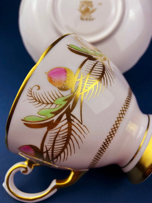 Vintage Tuscan Fine Bone China Tea Cup and Saucer: Pink Acorn Motif