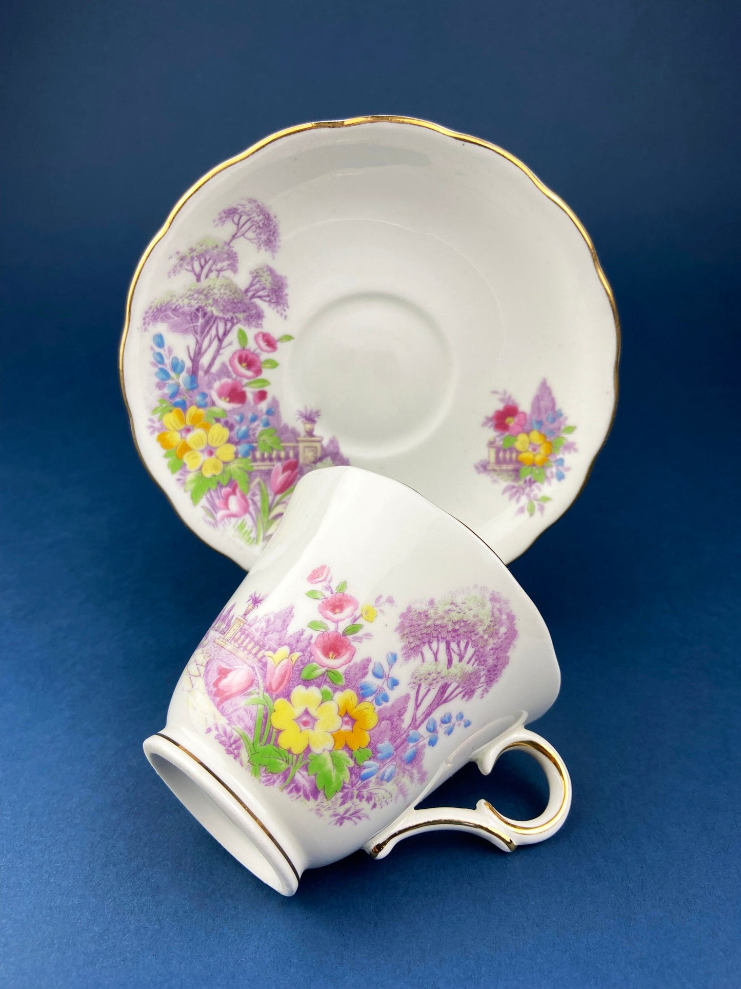Vintage Tea Cup and Saucer. Hand Painted Summer Landscape Motif or Pastoral Scene. Colclough Fine Bone China. Made in Longton, England.