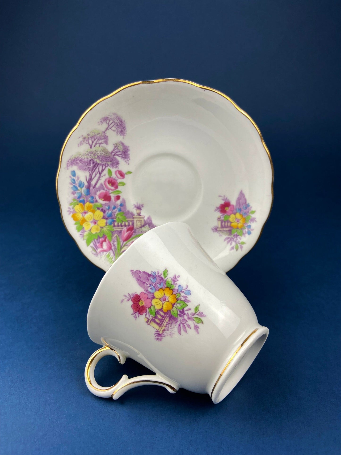 Vintage Tea Cup and Saucer. Hand Painted Summer Landscape Motif or Pastoral Scene. Colclough Fine Bone China. Made in Longton, England.
