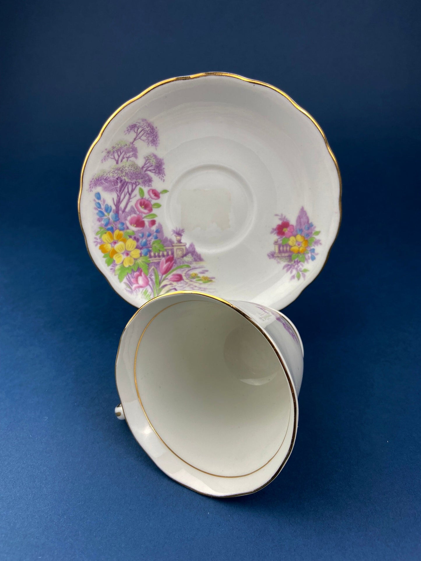Vintage Tea Cup and Saucer. Hand Painted Summer Landscape Motif or Pastoral Scene. Colclough Fine Bone China. Made in Longton, England.