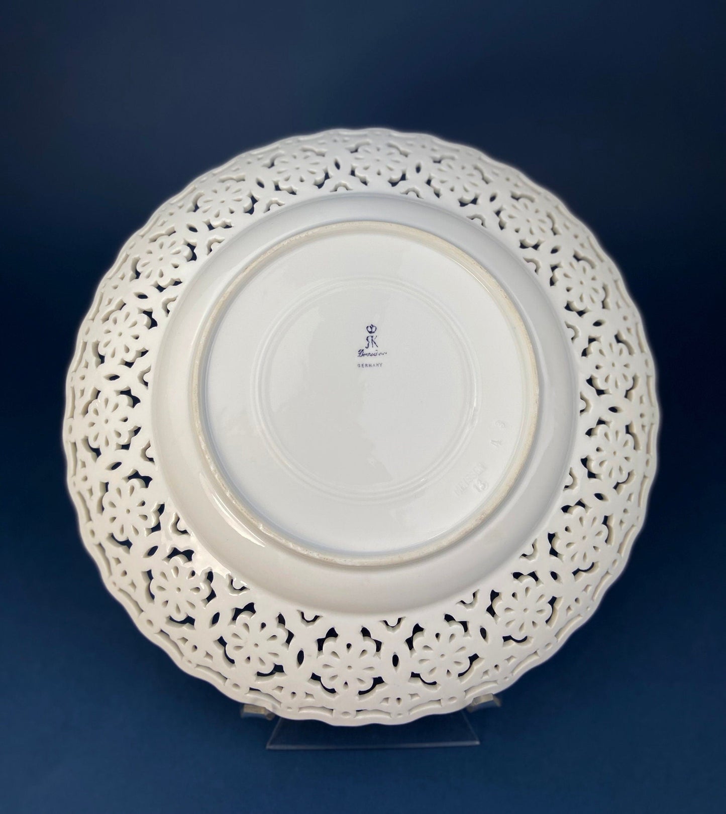 Antique Meissen Plate: Reticulated Hand-Painted Tea Rose Serving Platter