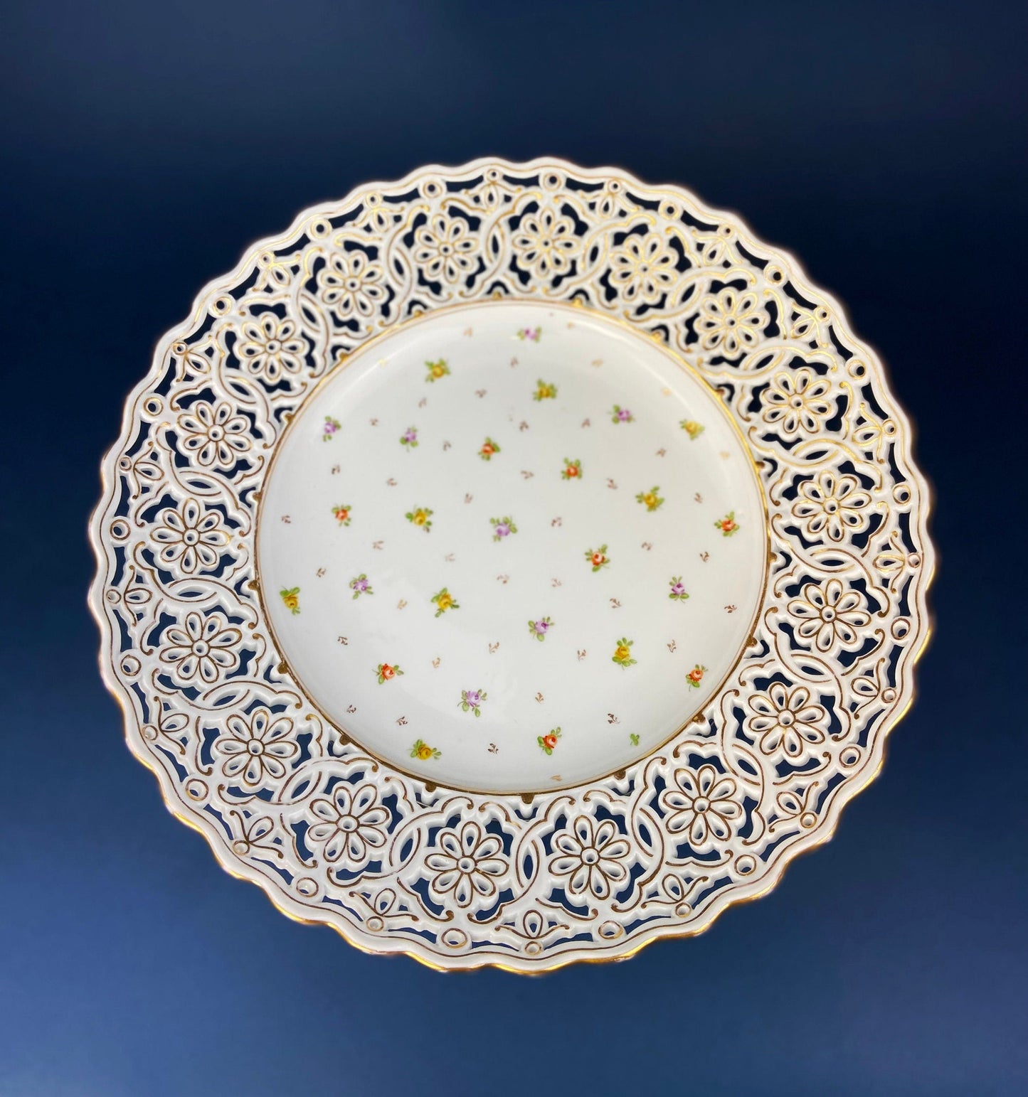 Antique Meissen Plate: Reticulated Hand-Painted Tea Rose Serving Platter