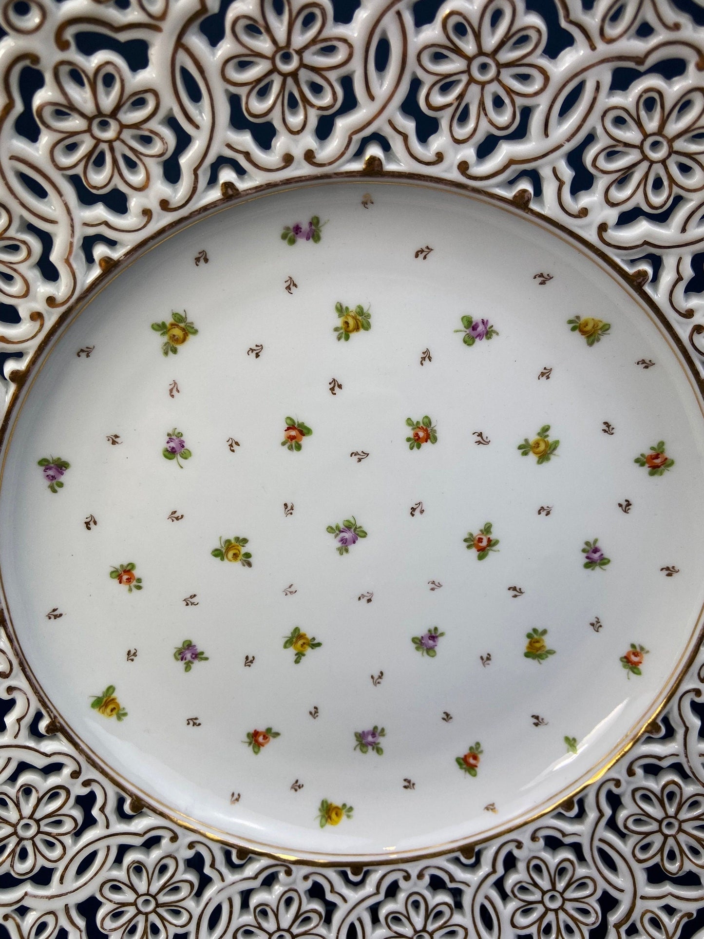 Antique Meissen Plate: Reticulated Hand-Painted Tea Rose Serving Platter
