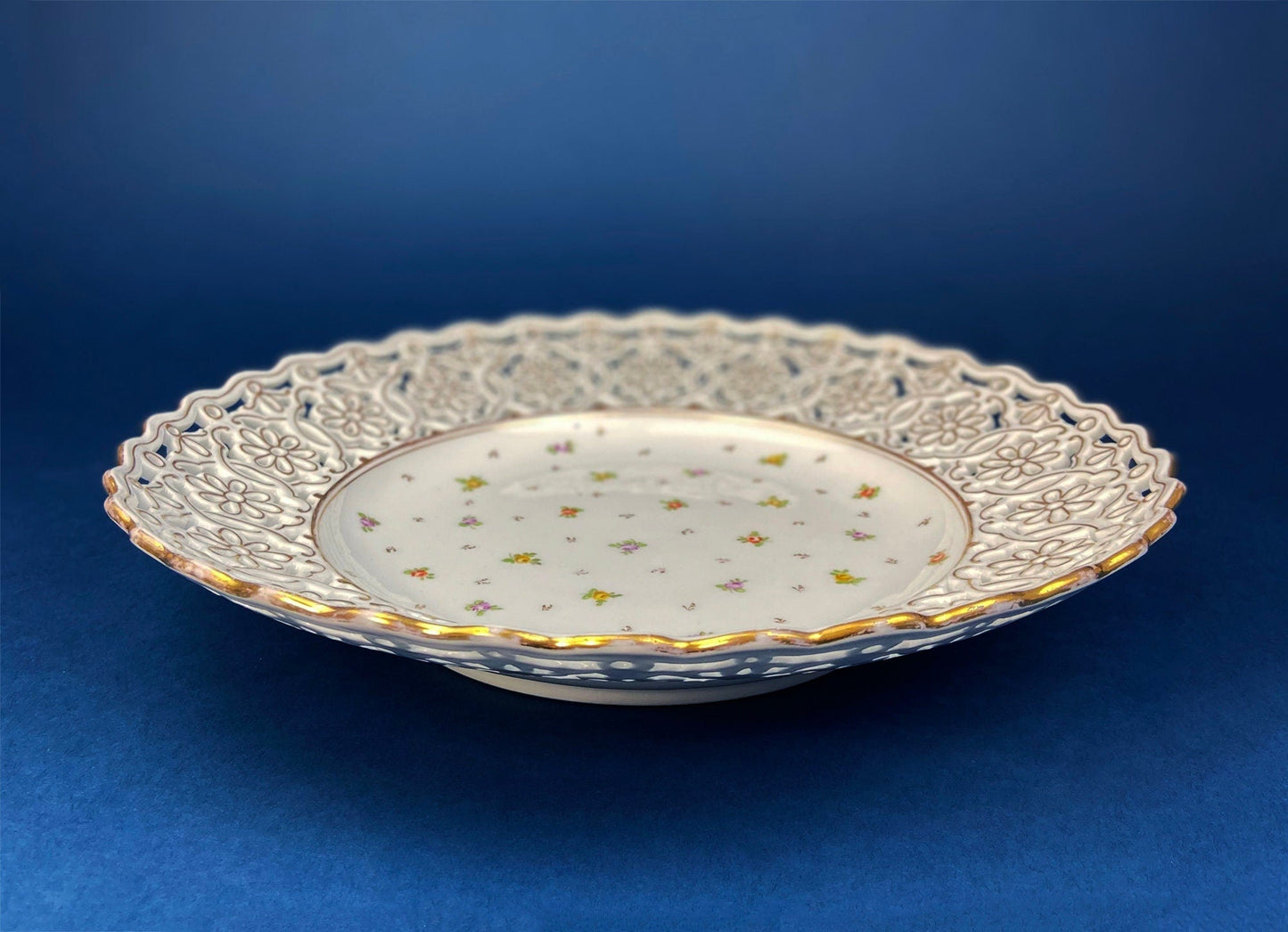 Antique Meissen Plate: Reticulated Hand-Painted Tea Rose Serving Platter