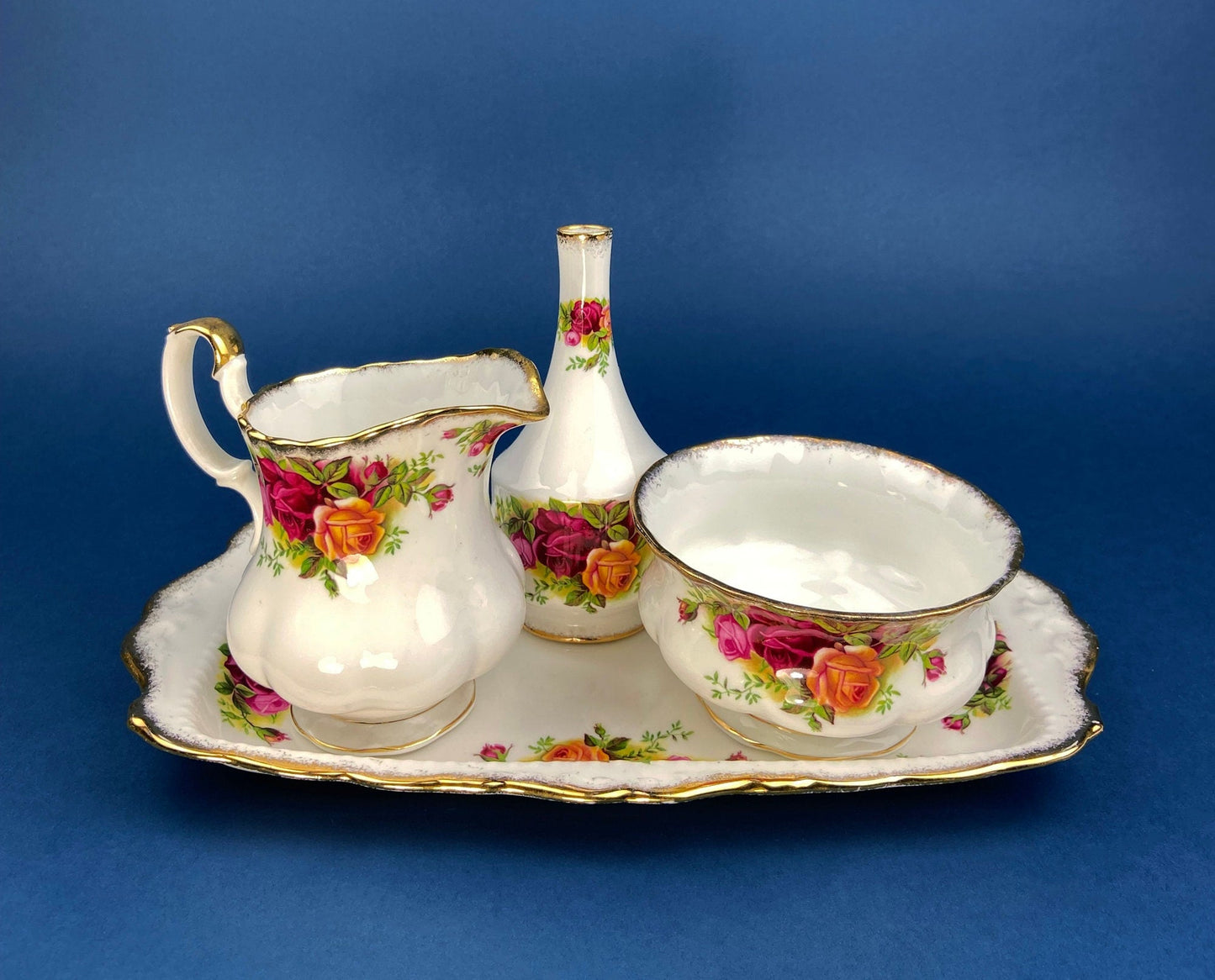 Breakfast Tray, Creamer, Sugar Bowl, and Vase by Royal Albert. Old Country Roses Motif.  Made in England. Gift for Her. Gift for Mother.