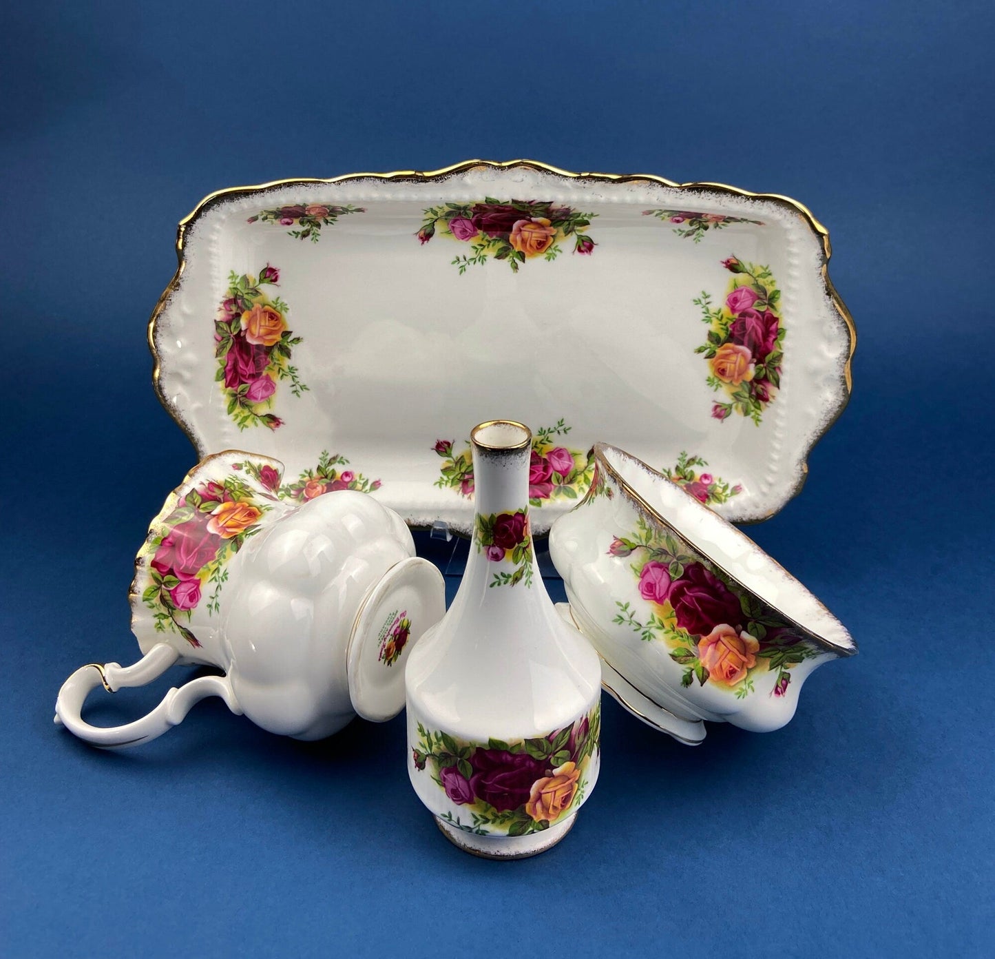 Breakfast Tray, Creamer, Sugar Bowl, and Vase by Royal Albert. Old Country Roses Motif.  Made in England. Gift for Her. Gift for Mother.