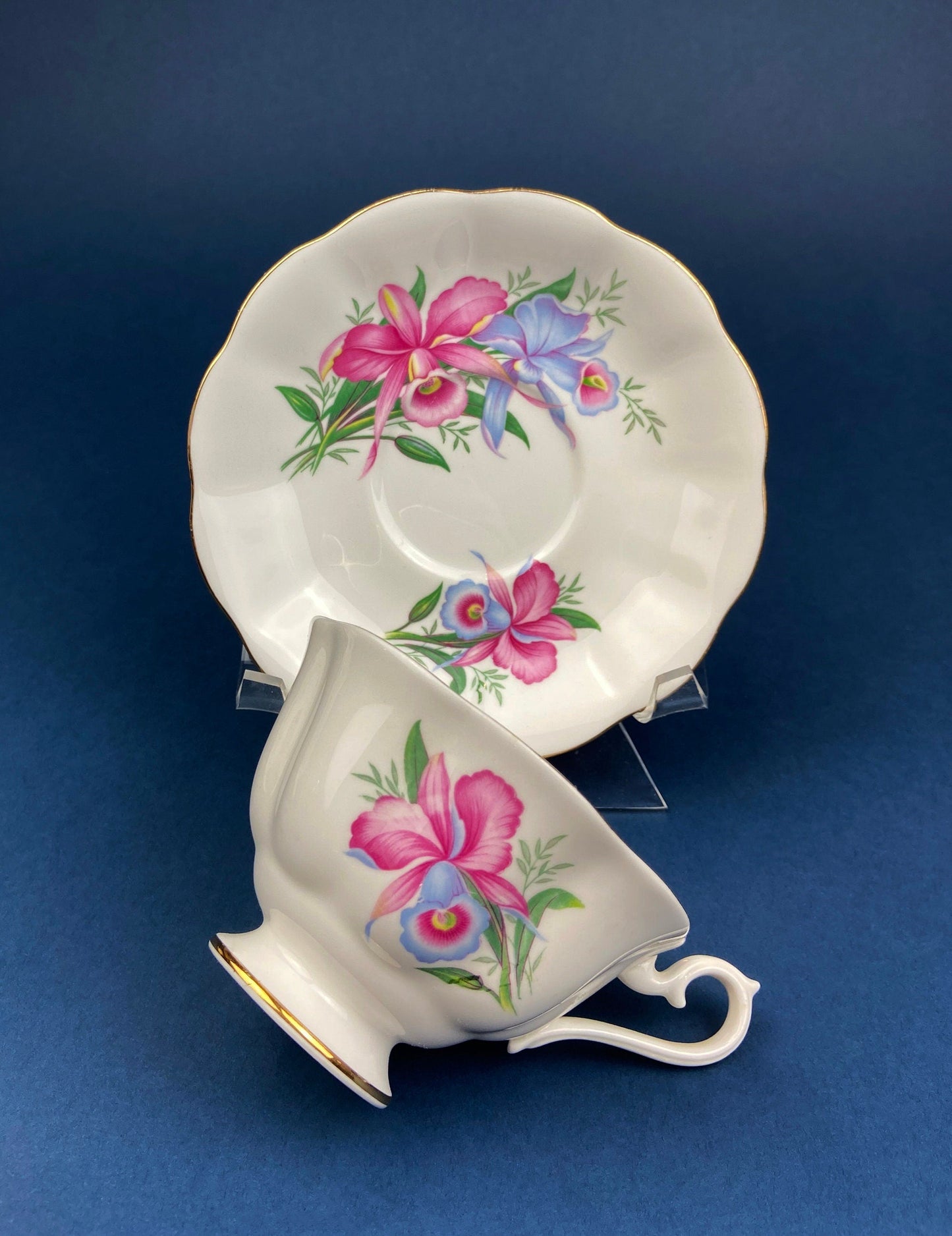 Vintage Tea/Coffee Cup and Saucer.  Royal Albert Orchid Motif. Fine Bone China. Made in England. Collectibles.  Replacements.