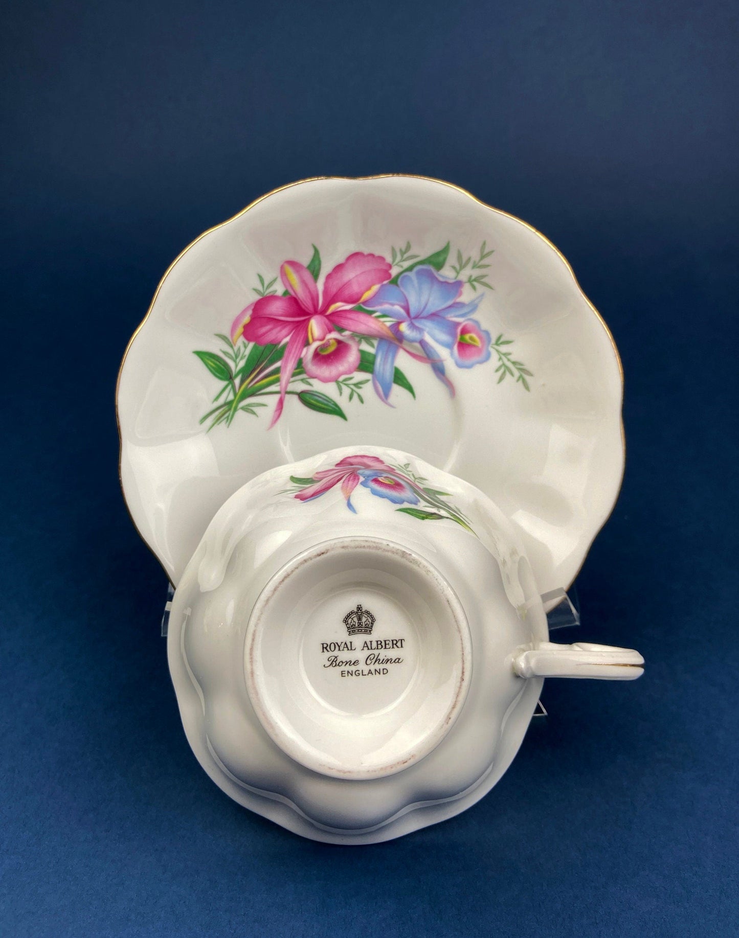 Vintage Tea/Coffee Cup and Saucer.  Royal Albert Orchid Motif. Fine Bone China. Made in England. Collectibles.  Replacements.