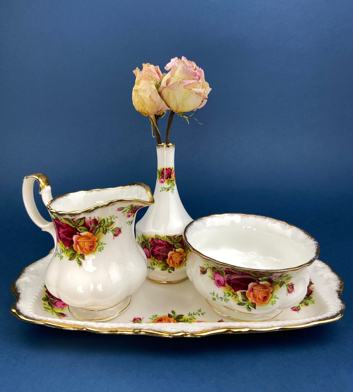 Breakfast Tray, Creamer, Sugar Bowl, and Vase by Royal Albert. Old Country Roses Motif.  Made in England. Gift for Her. Gift for Mother.