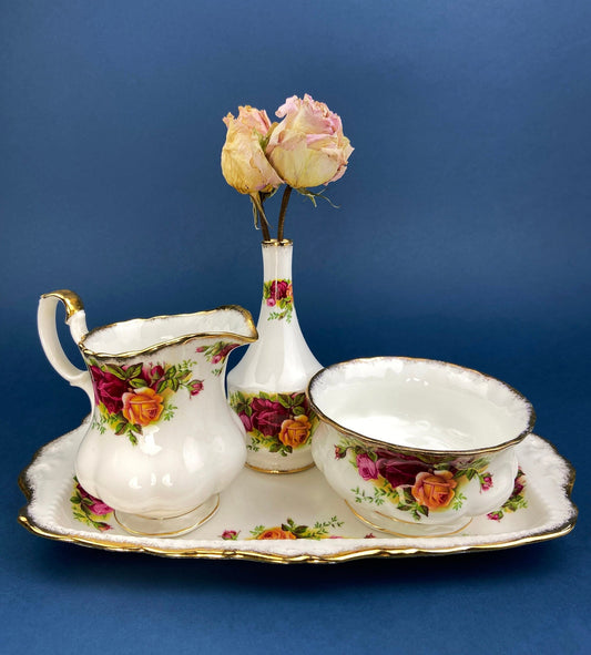 Breakfast Tray, Creamer, Sugar Bowl, and Vase by Royal Albert. Old Country Roses Motif.  Made in England. Gift for Her. Gift for Mother.