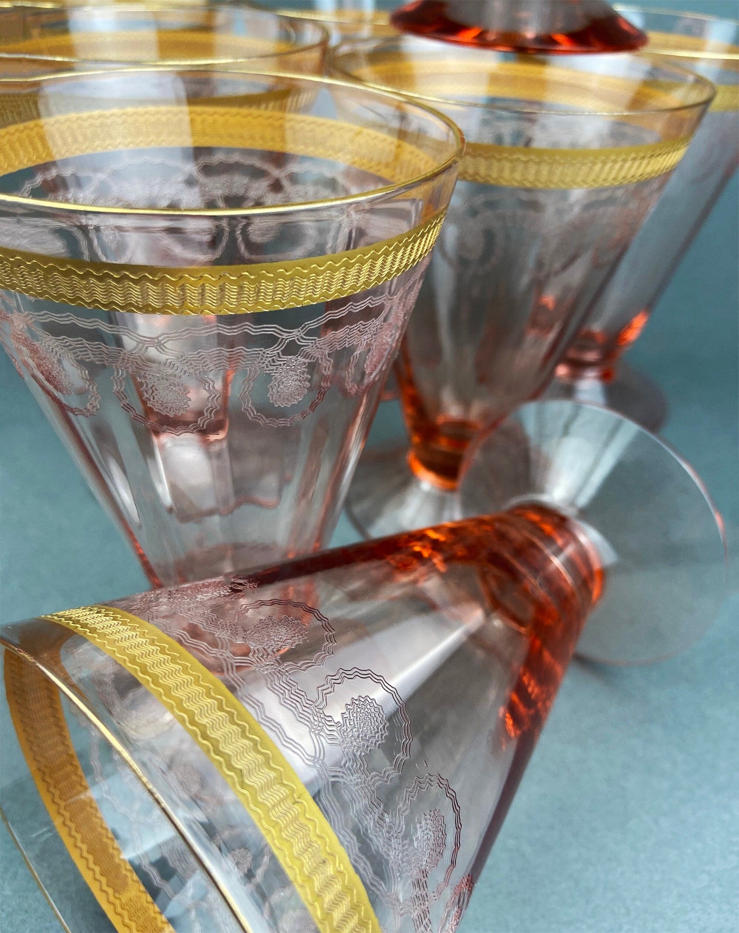 Antique Pink Crystal Water/Juice Goblets. Morgana Pink by Morgantown. Set of Eight, 8oz Footed Tumblers. Replacements.