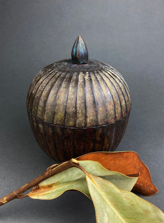 Vintage Metal Dish with Lid.  Fluted, Round Trinket Box. Rustic Style Collectible Urn. Gift for Him. Office Decor. Bathroom Decor.