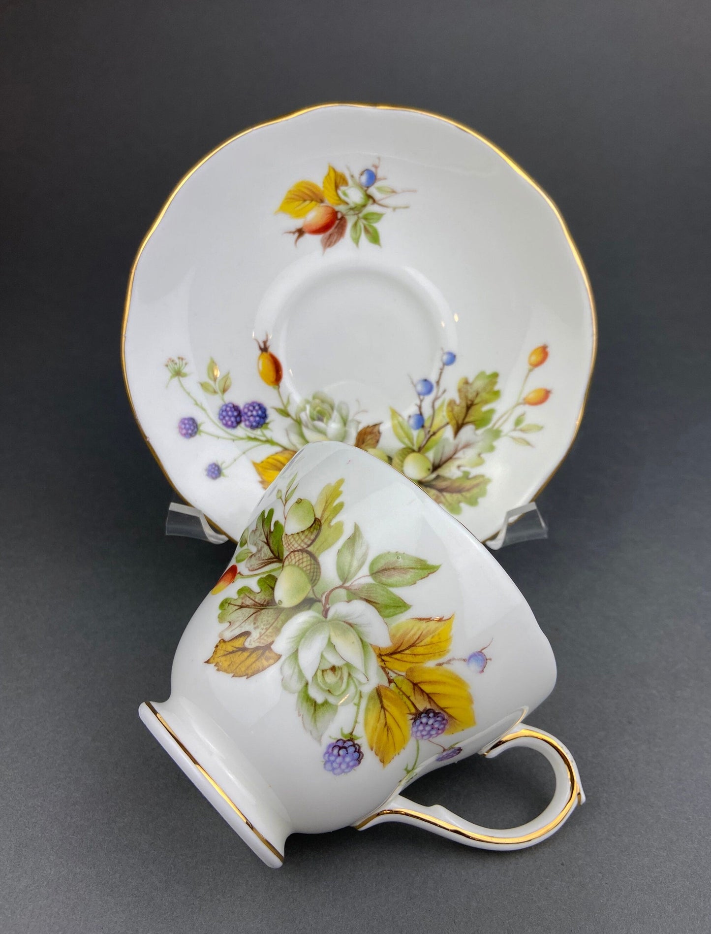 Duchess Tea Cup and Saucer. Autumn Motif Fine Bone China. Made in England.  Collectibles.  Replacements.
