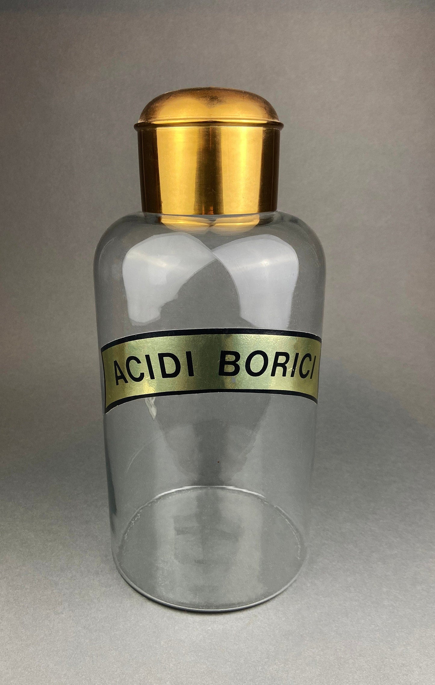 Vintage, Extra Large Apothecary Bottles. Italian, Boric Acid & Sodium Bicarbonate Jars with Brass Caps. Set of Two Apothecary Jars.