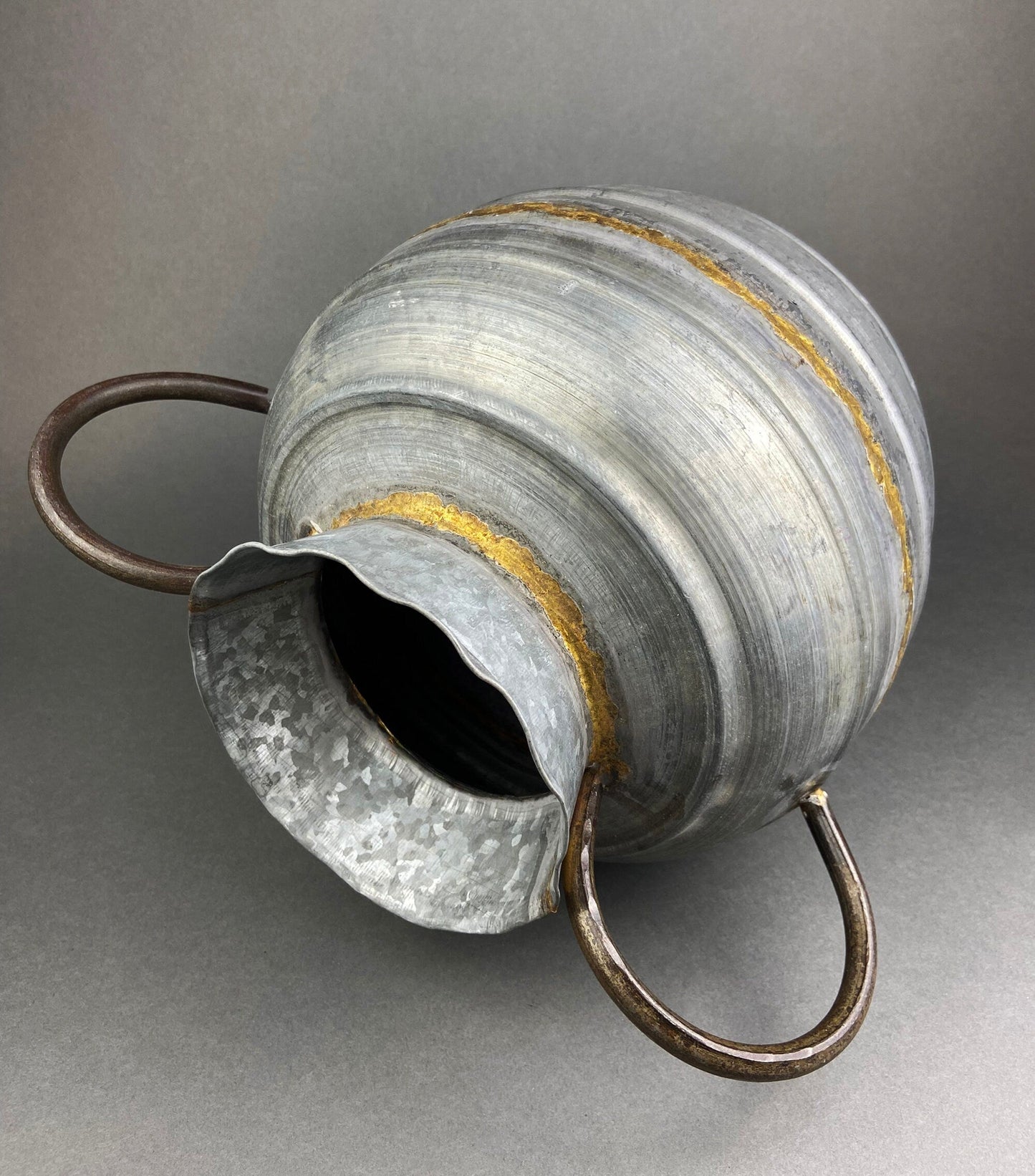Extra Large Metal Vase with Bronze Handles and Gold Seam. Rustic Container for Flowers, Dry Arrangements or Display. Rustic Home Decor.