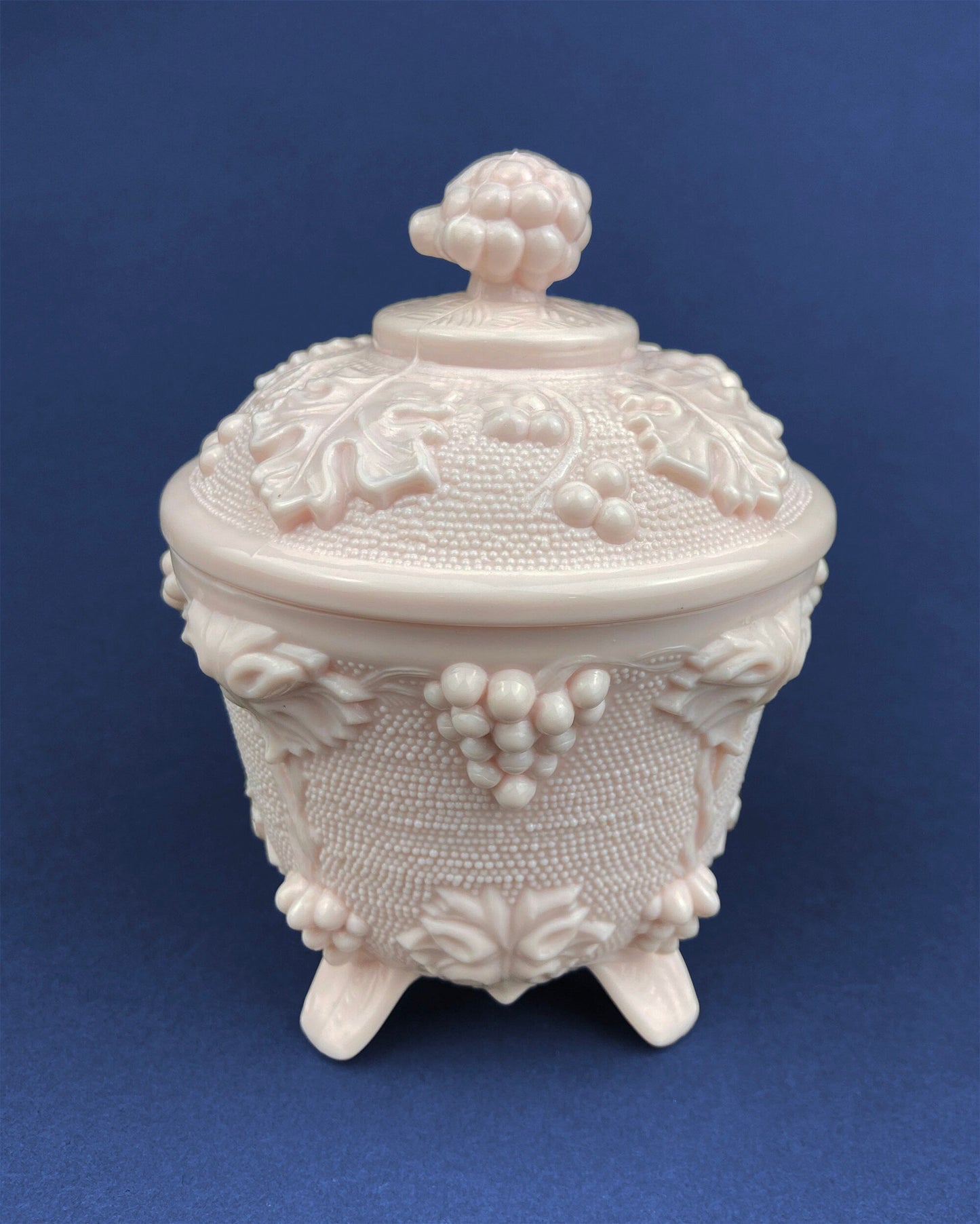 Pink Milk Glass Jar with Lid. Grape Vine Motif.  Footed Trinket Dish with Lid.  Collectible Pink Candy Dish.  Gift for Mom.  Gift for Her.
