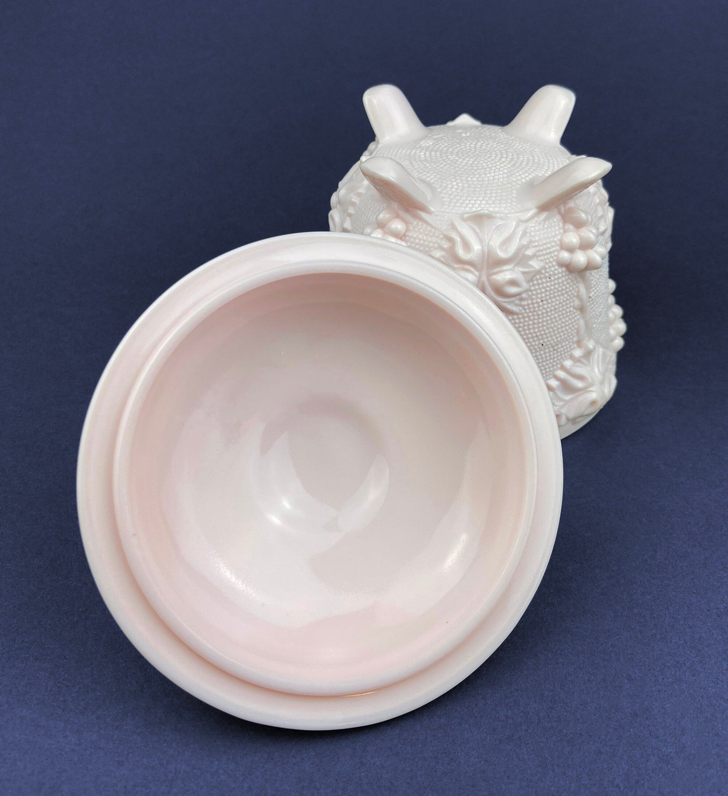 Pink Milk Glass Jar with Lid. Grape Vine Motif.  Footed Trinket Dish with Lid.  Collectible Pink Candy Dish.  Gift for Mom.  Gift for Her.