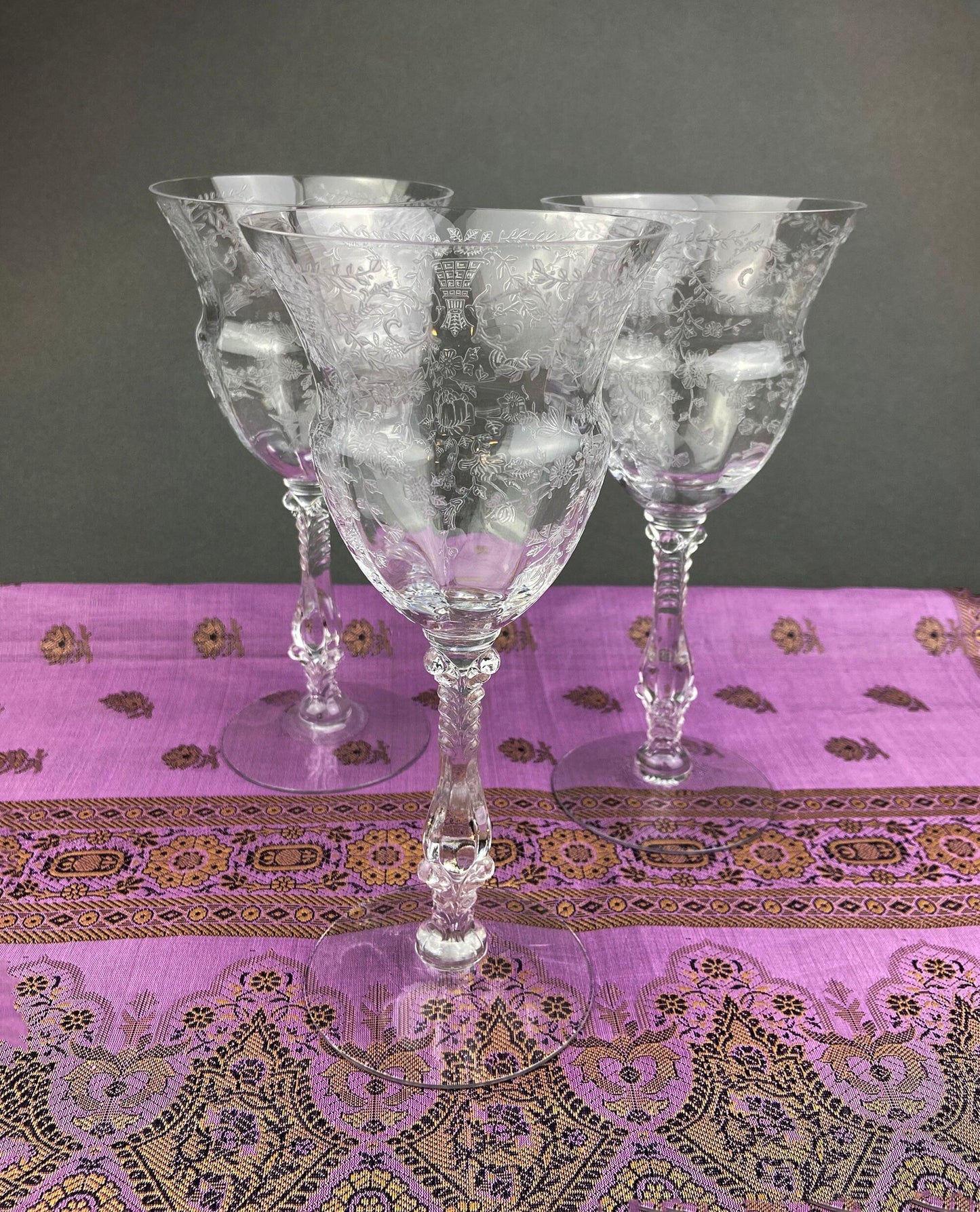 Tiffin Franciscan Juice Stemware with Etched Beautiful Cherokee Rose Pattern. Set of Five Juice or Water Glasses.