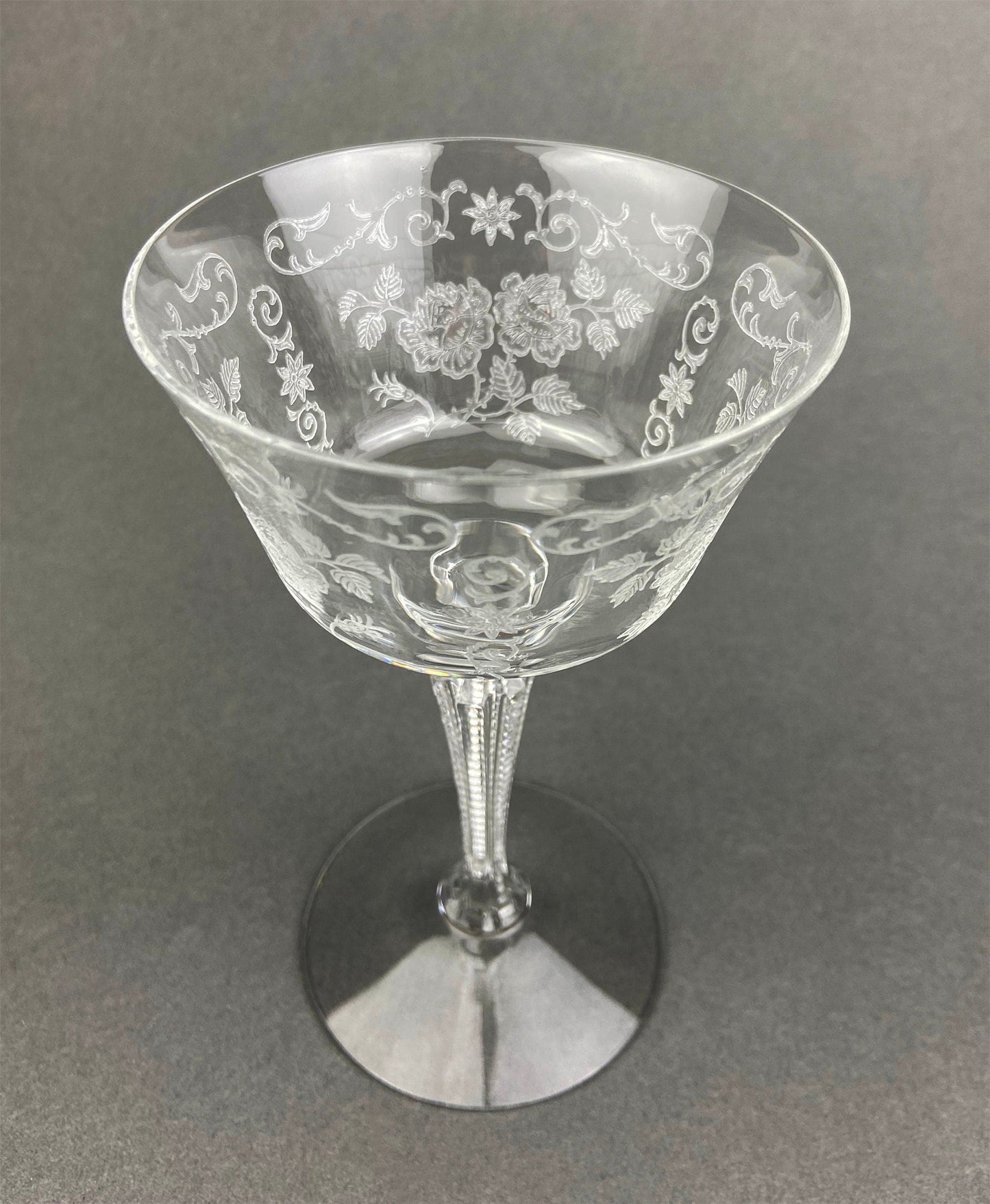 Antique Tall Sherbet Crystal Glasses by Fostoria. Etched Midnight Rose Pattern. Set of Six, 4 oz, Glassware. Replacements. Fine Dining.