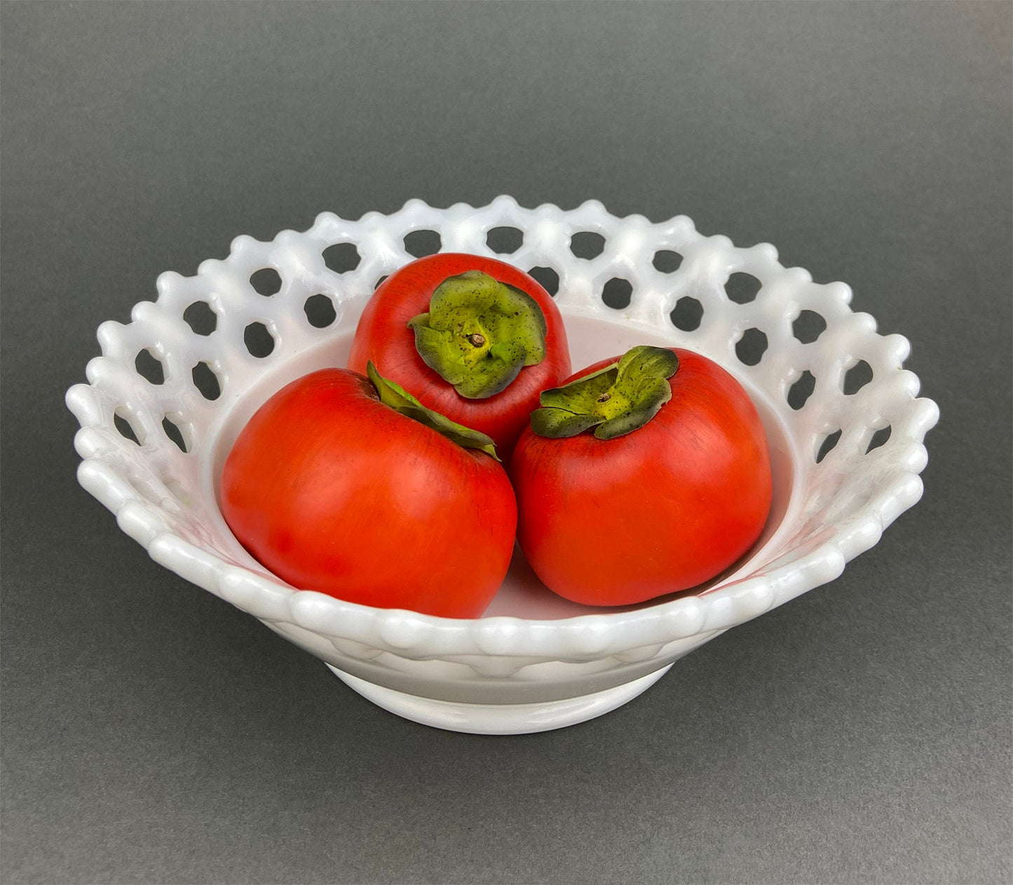 Milk Glass Footed Bowl. Candy Dish with Grape Motif & Ruffled Rim. White Table Centerpiece. Trinket Dish. Bathroom and Bedroom Decor.
