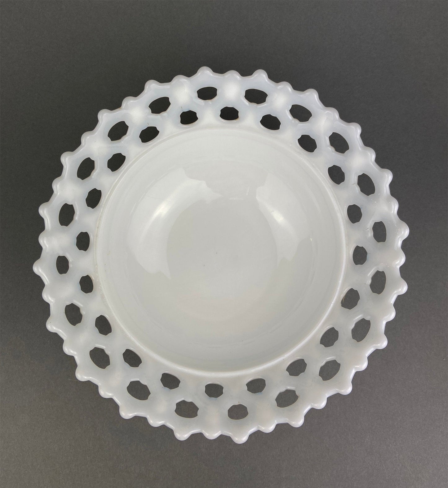 Vintage Milk Glass Bowl.  Serving Dish with Reticulated Rim.  Open Lace White Table Centerpiece. Collectibles. Replacements.