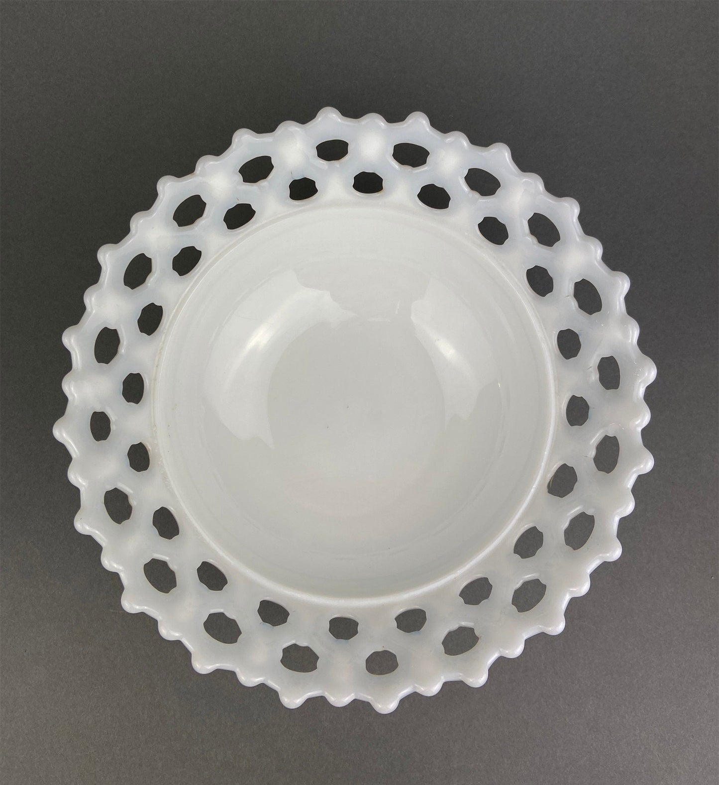 Milk Glass Footed Bowl. Candy Dish with Grape Motif & Ruffled Rim. White Table Centerpiece. Trinket Dish. Bathroom and Bedroom Decor.
