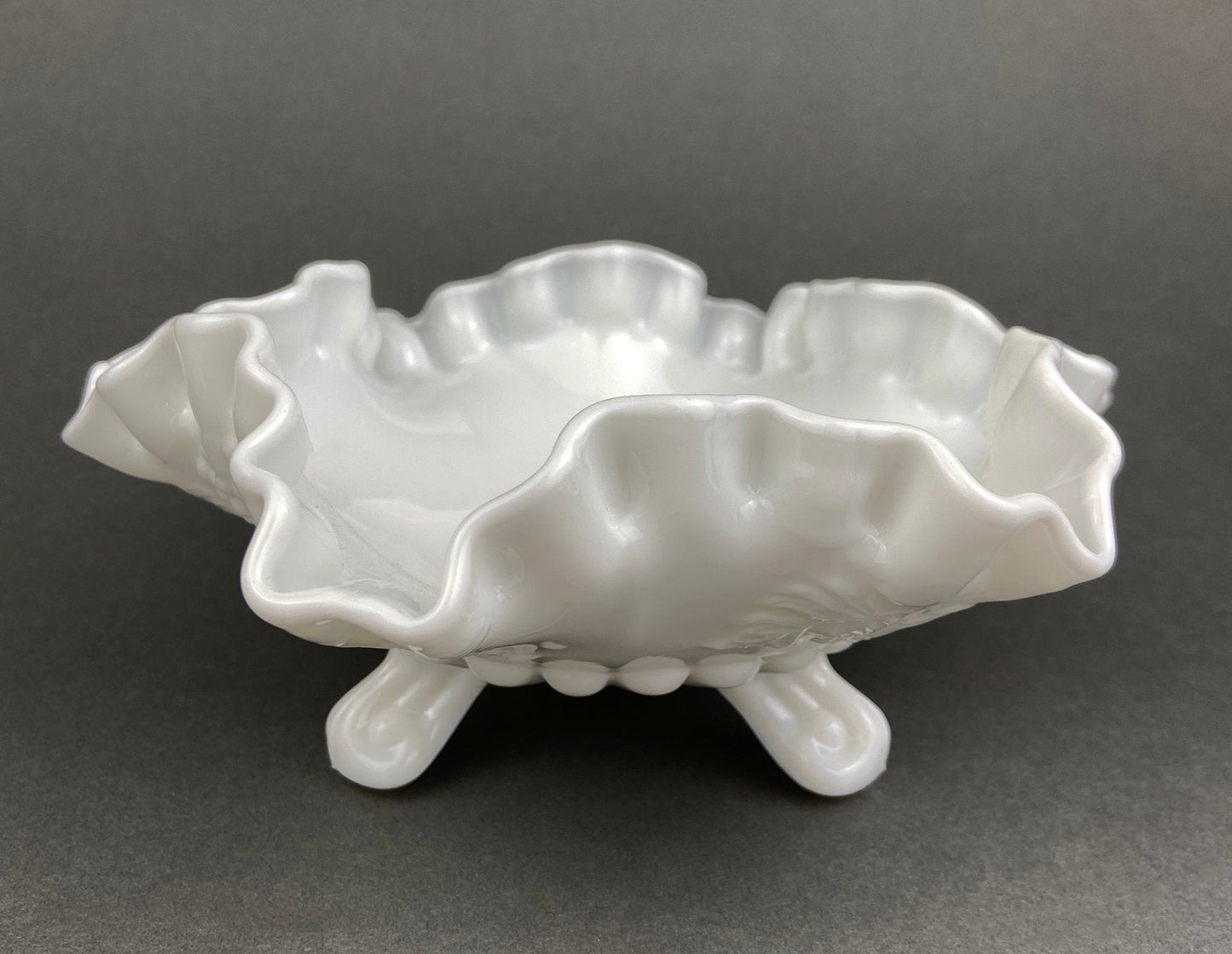 Milk Glass Footed Bowl. Candy Dish with Grape Motif & Ruffled Rim. White Table Centerpiece. Trinket Dish. Bathroom and Bedroom Decor.