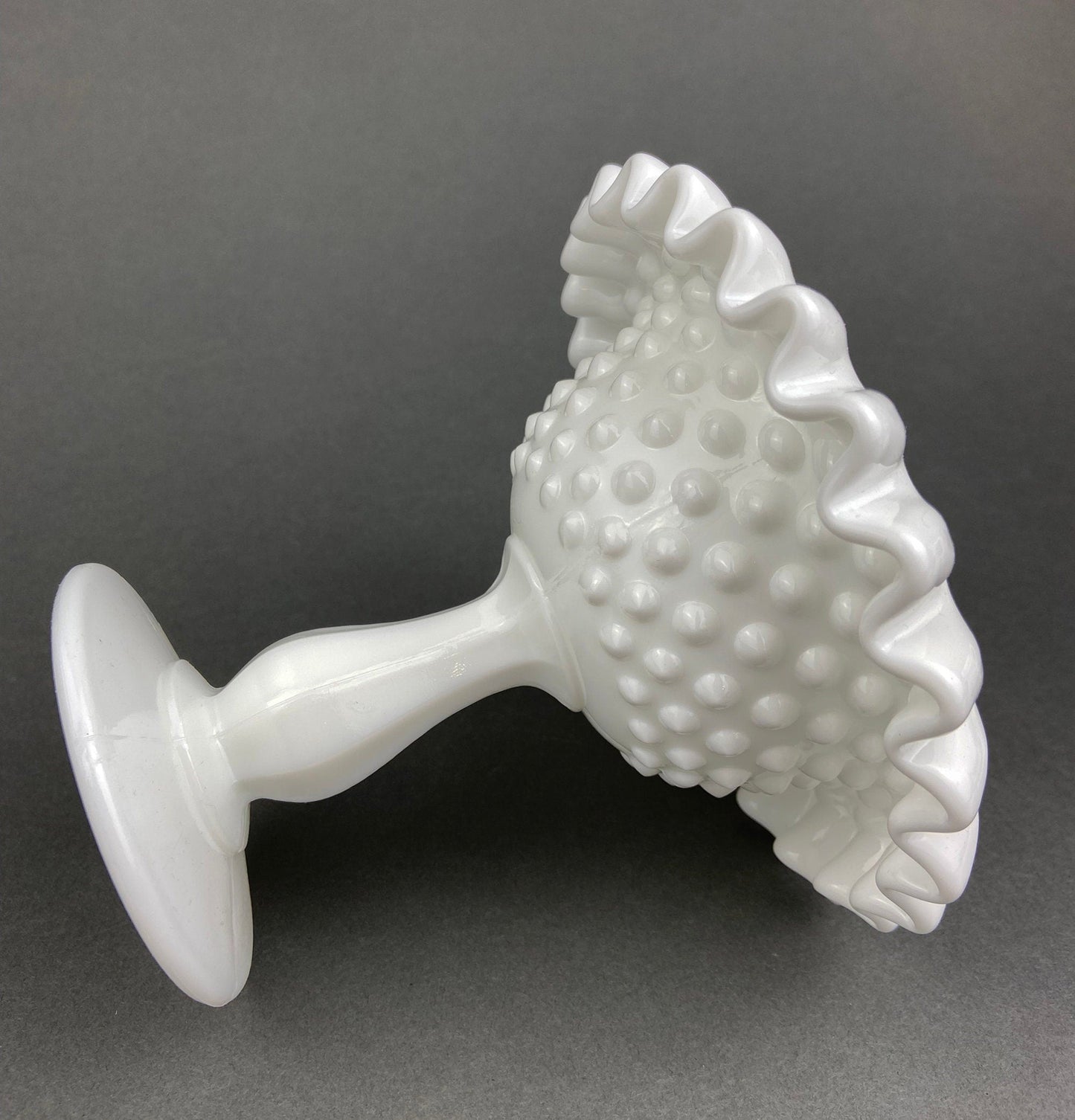 Fenton Milk Glass Candy Dish with Ruffled Edge.  Vintage, Hobnail Trinket Dish.  White Footed Bowl.