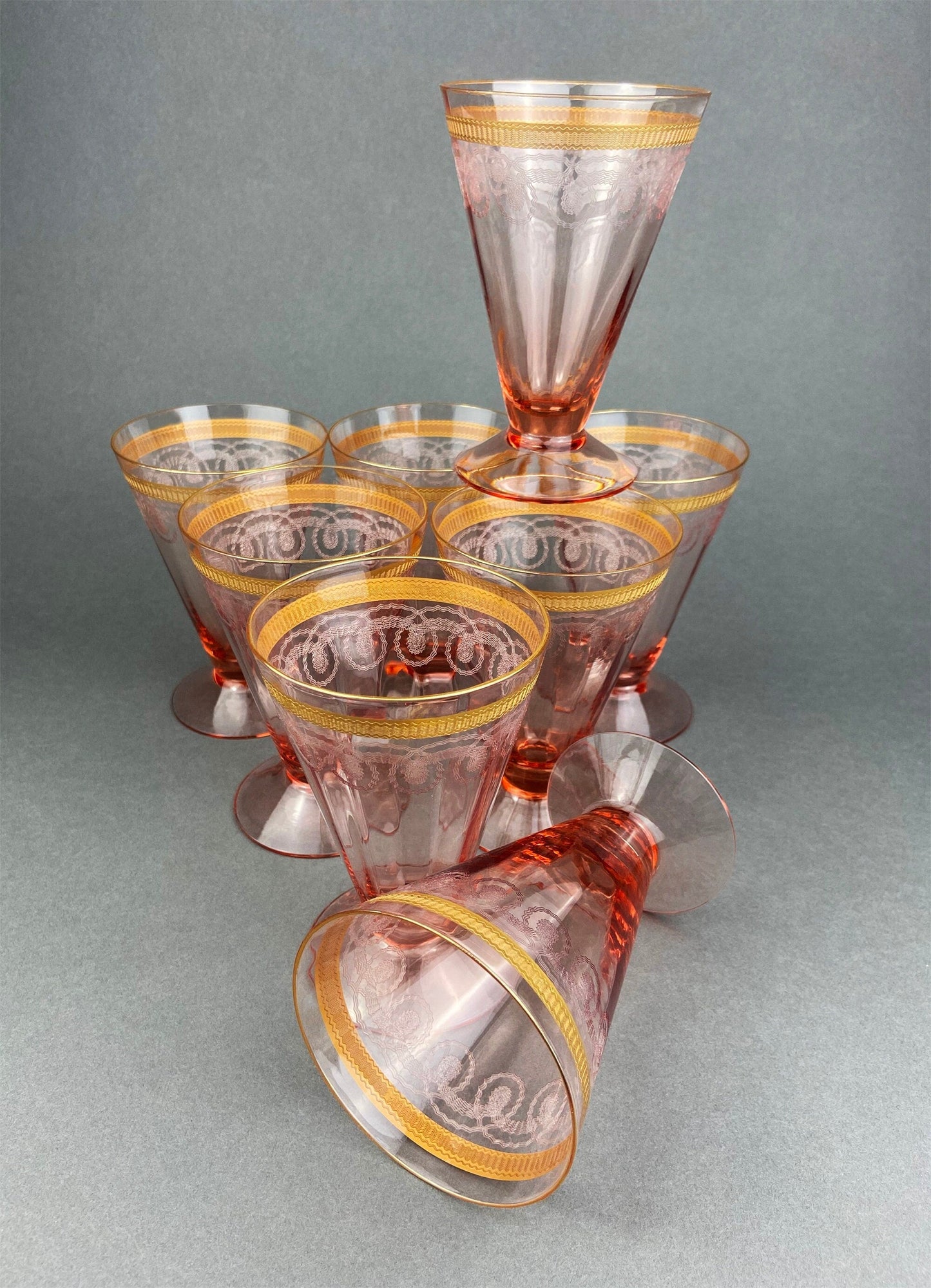 Antique Pink Crystal Water/Juice Goblets. Morgana Pink by Morgantown. Set of Eight, 8oz Footed Tumblers. Replacements.